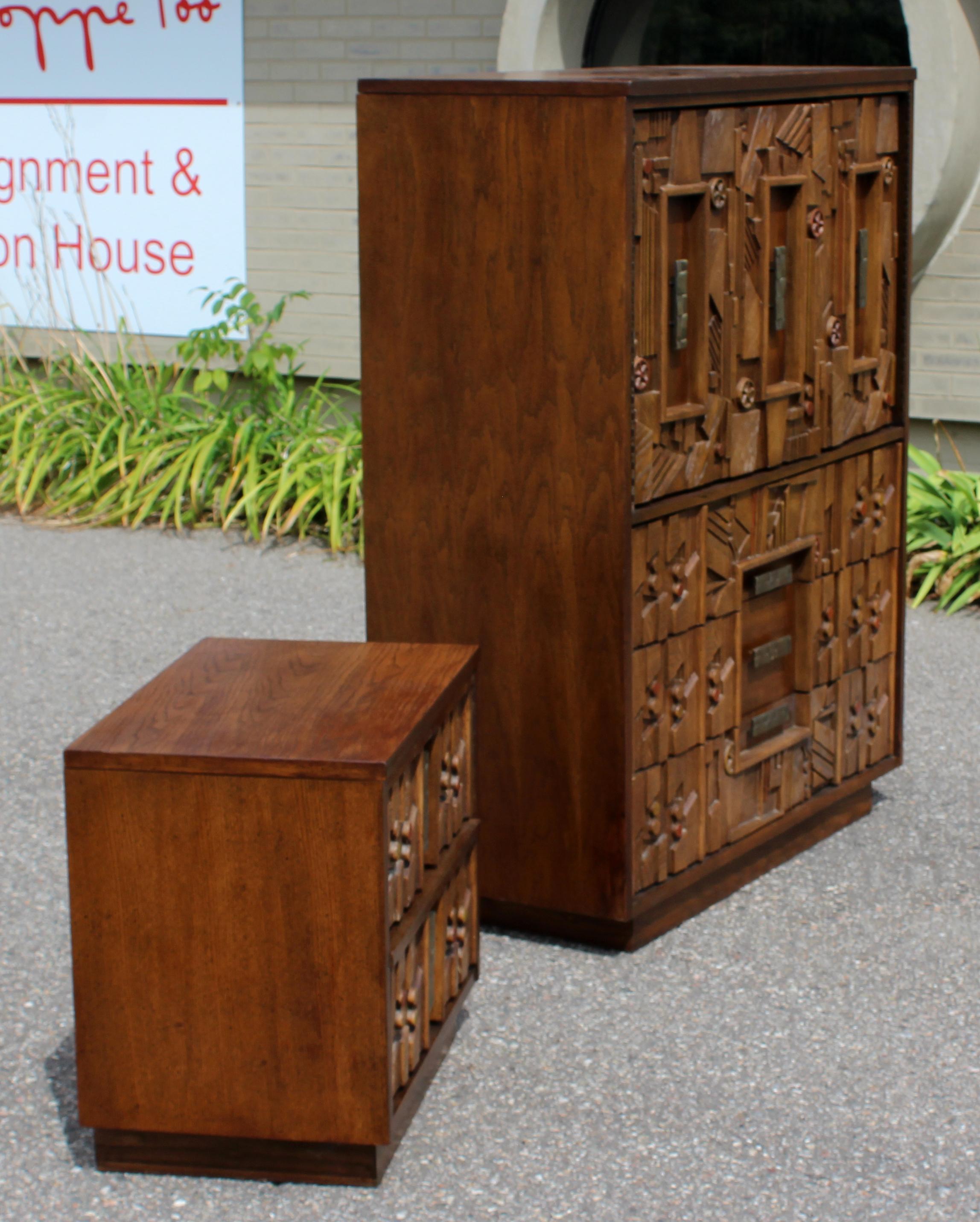 American Mid-Century Modern Lane Brutalist Highboy Dresser & Nightstand Paul Evans Style