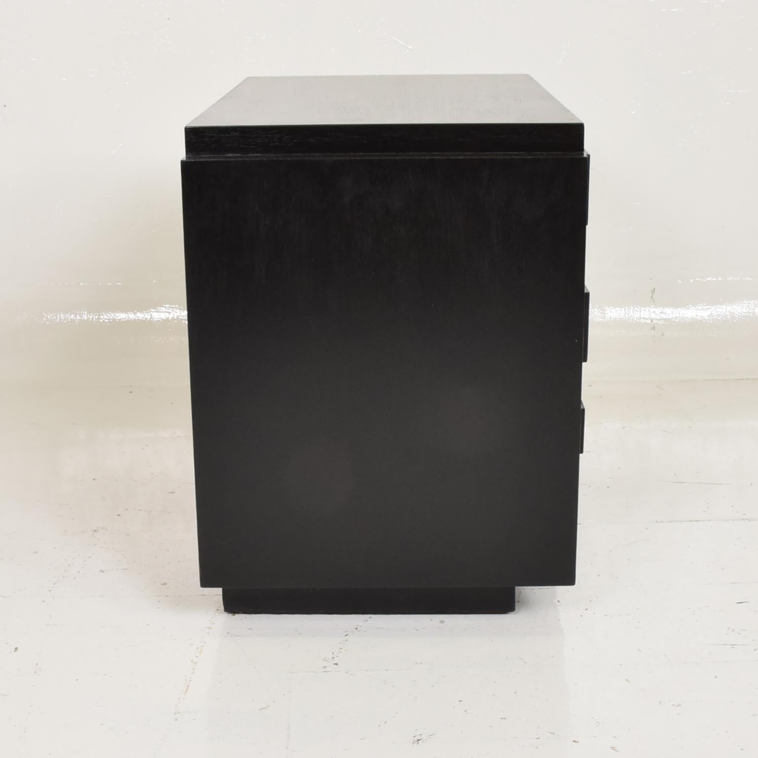 Mid Century Modern Lane Brutalist Nightstand in Ebonized Walnut Wood. 
Made by Lane of Alta Vista, USA circa the 1970s. 
Features Two doors with Detailed Mosaic Patchwork and Open storage. 
Dimensions: 22 1/4