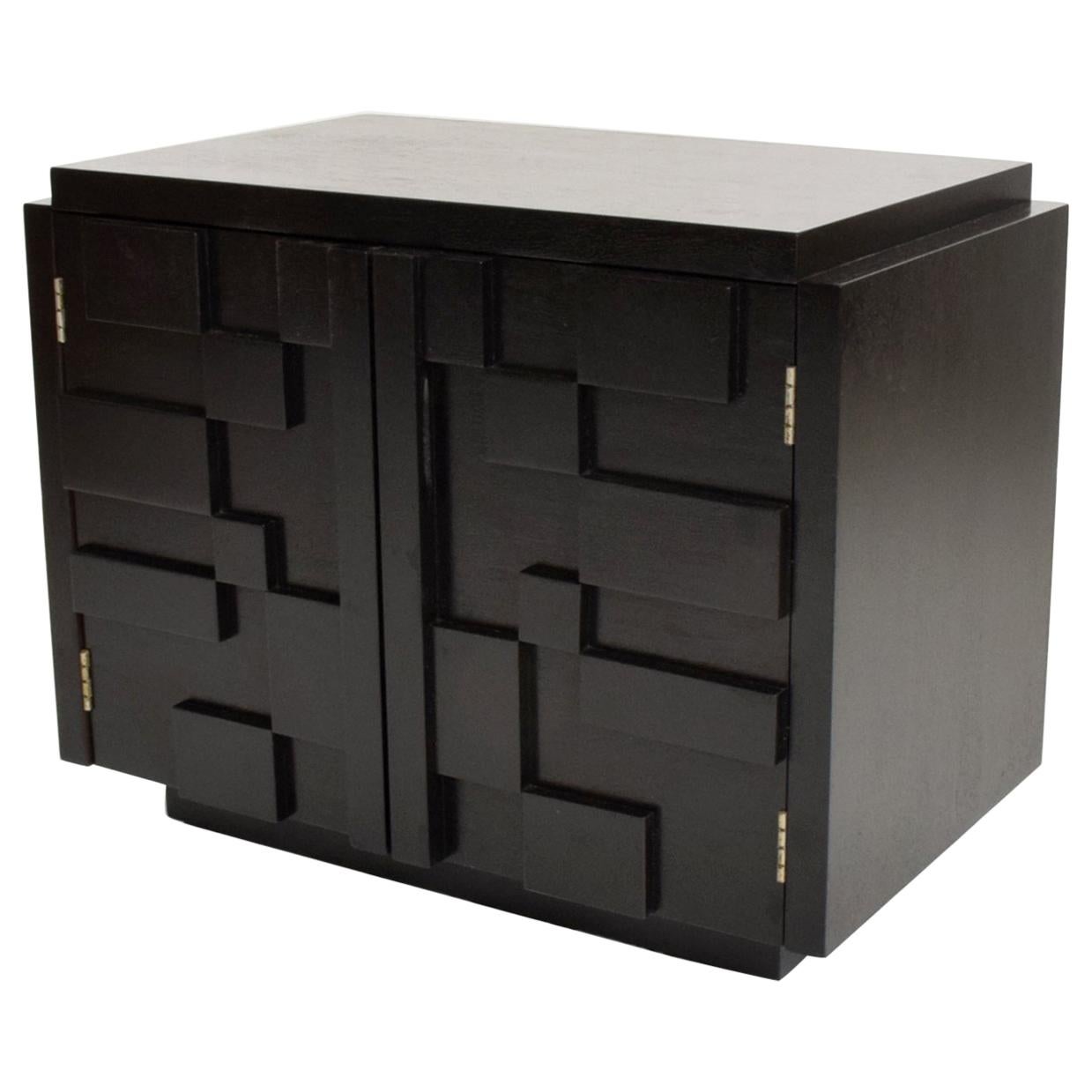 Intricate Black Brutalist Mosaic Nightstand Ebonized Walnut Lane Altavista 1970s