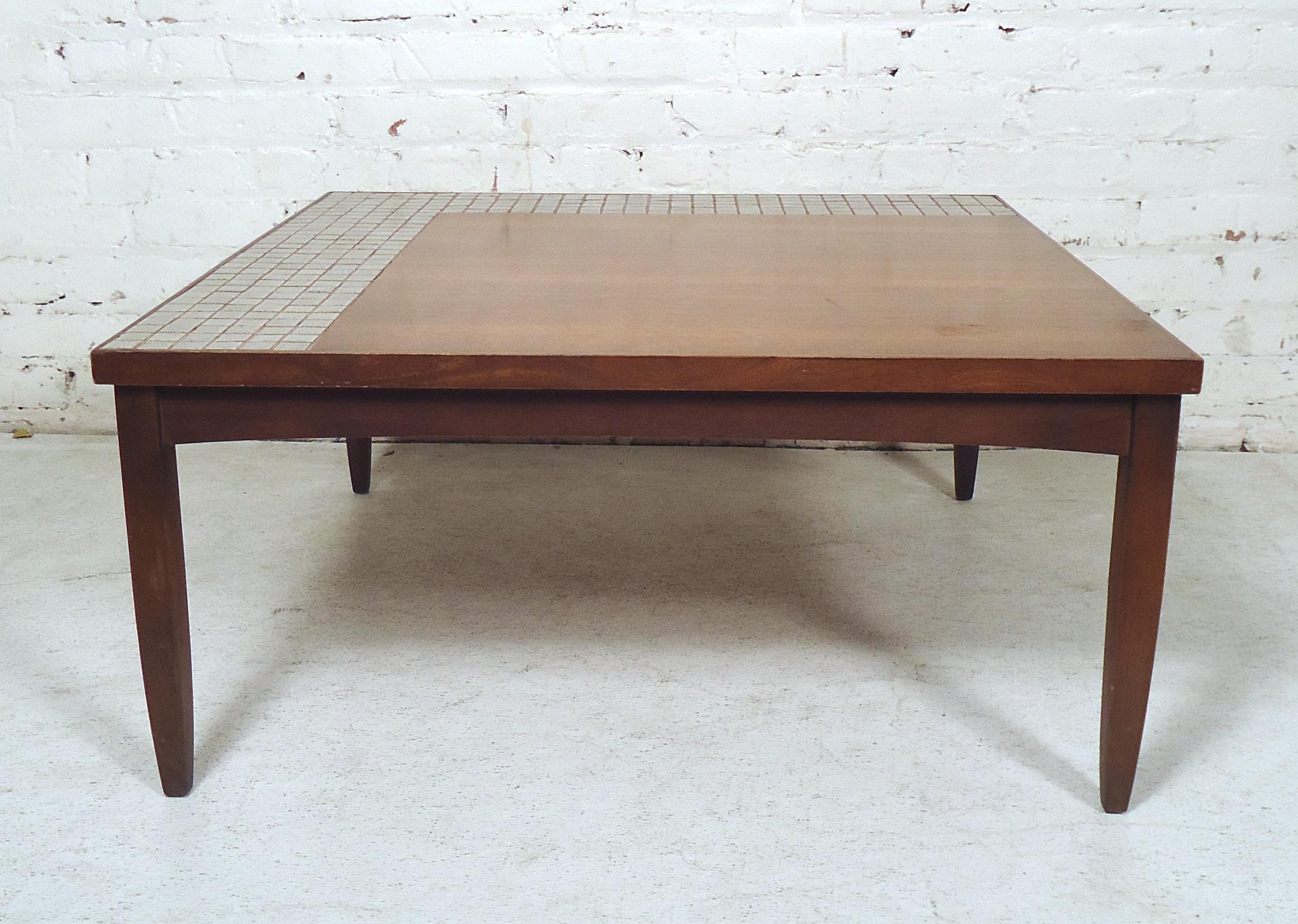 Unique vintage modern walnut coffee table by Lane featuring a tiled top and rich walnut grain.

Please confirm item location (NY or NJ).