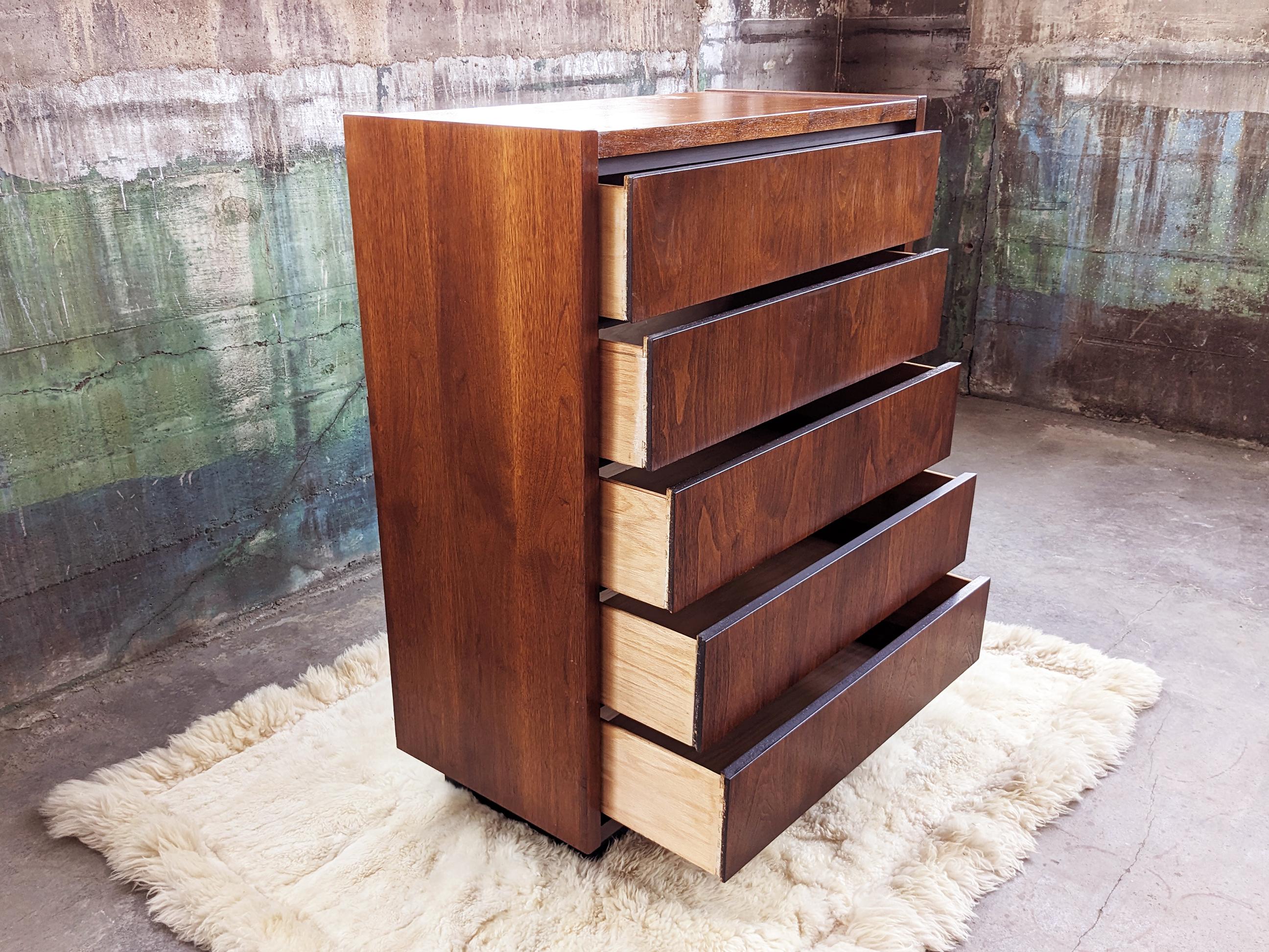 American Mid-Century Modern Lane Furniture Walnut Brutalist 1970s Tallboy Dresser Storage For Sale