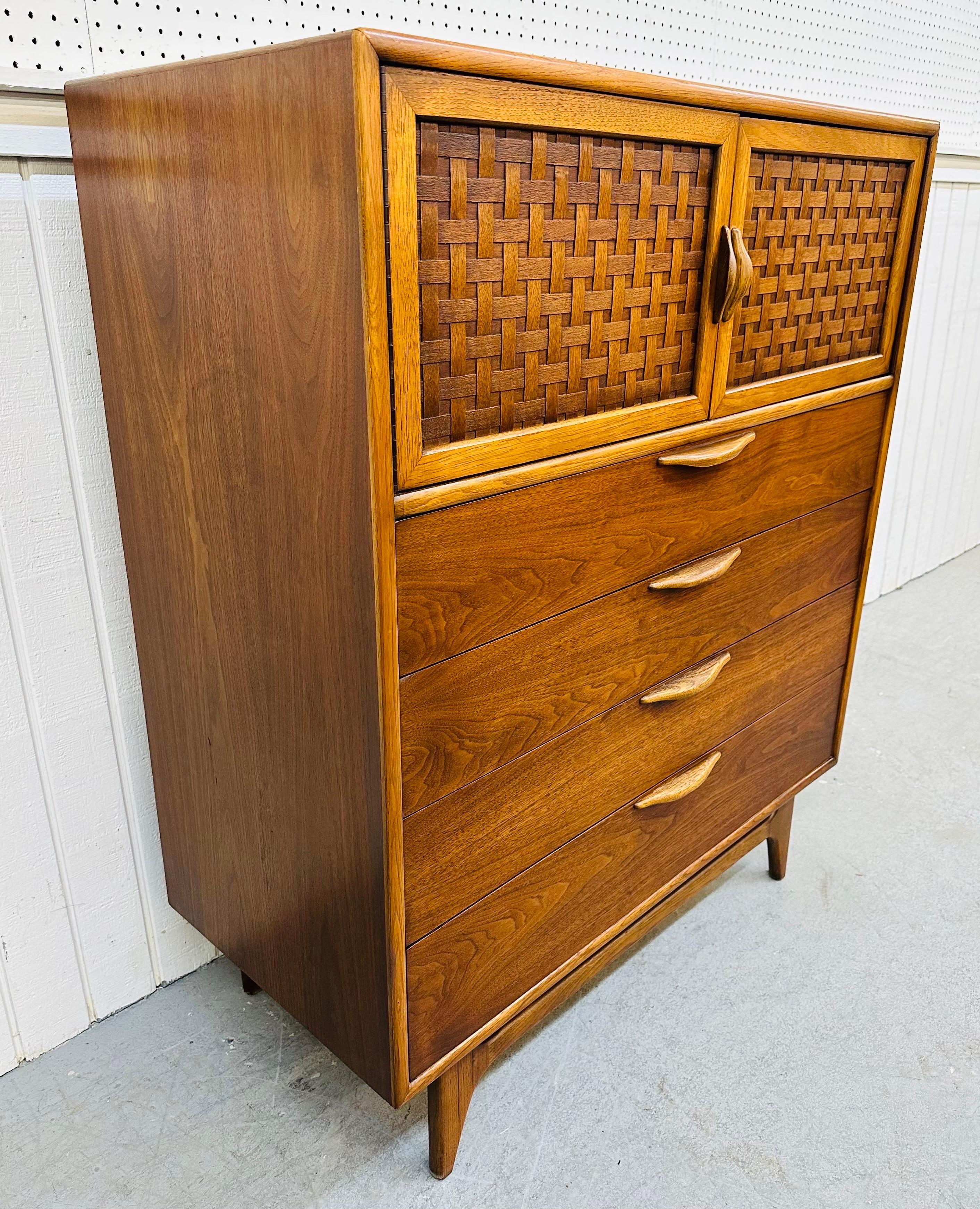 This listing is for a Mid-Century Modern Lane Perception Walnut High Chest. Featuring two basket weaved doors that open up to storage space, four large drawers, wooden sculpted pulls, and a beautiful walnut finish. This is an exceptional combination