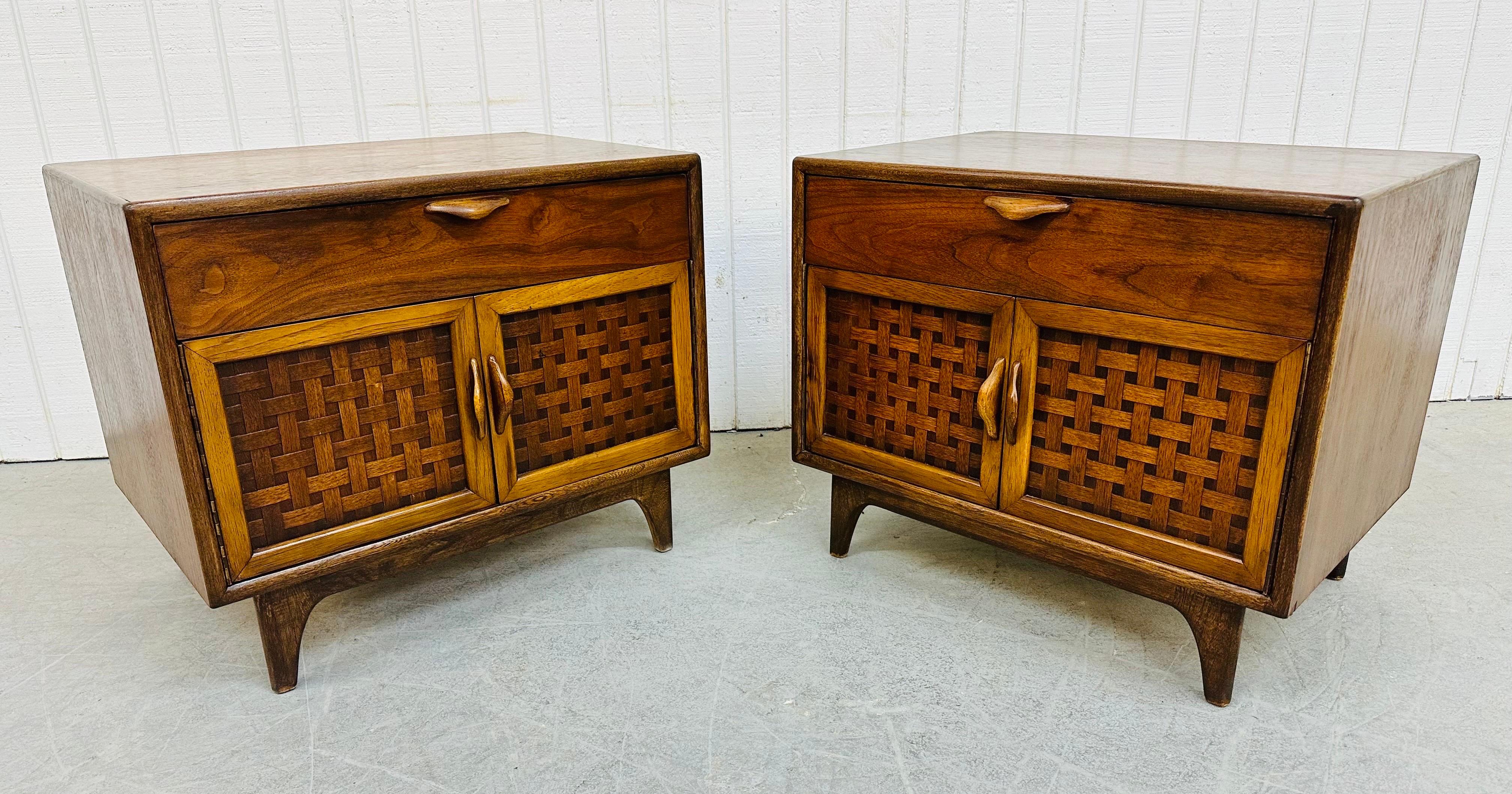 This listing is for a pair of Mid-Century Modern Lane Perception Walnut Nightstands. Featuring a cube shaped design sitting on modern legs, single drawer at the top with a sculpted wooden pull, two basket weaved doors with a sculpted wooden pull