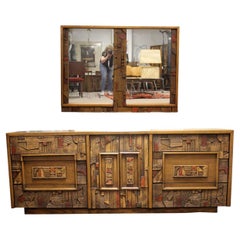 Vintage Mid-Century Modern Lane Pueblo Brutalist Lowboy Dresser and Mirror