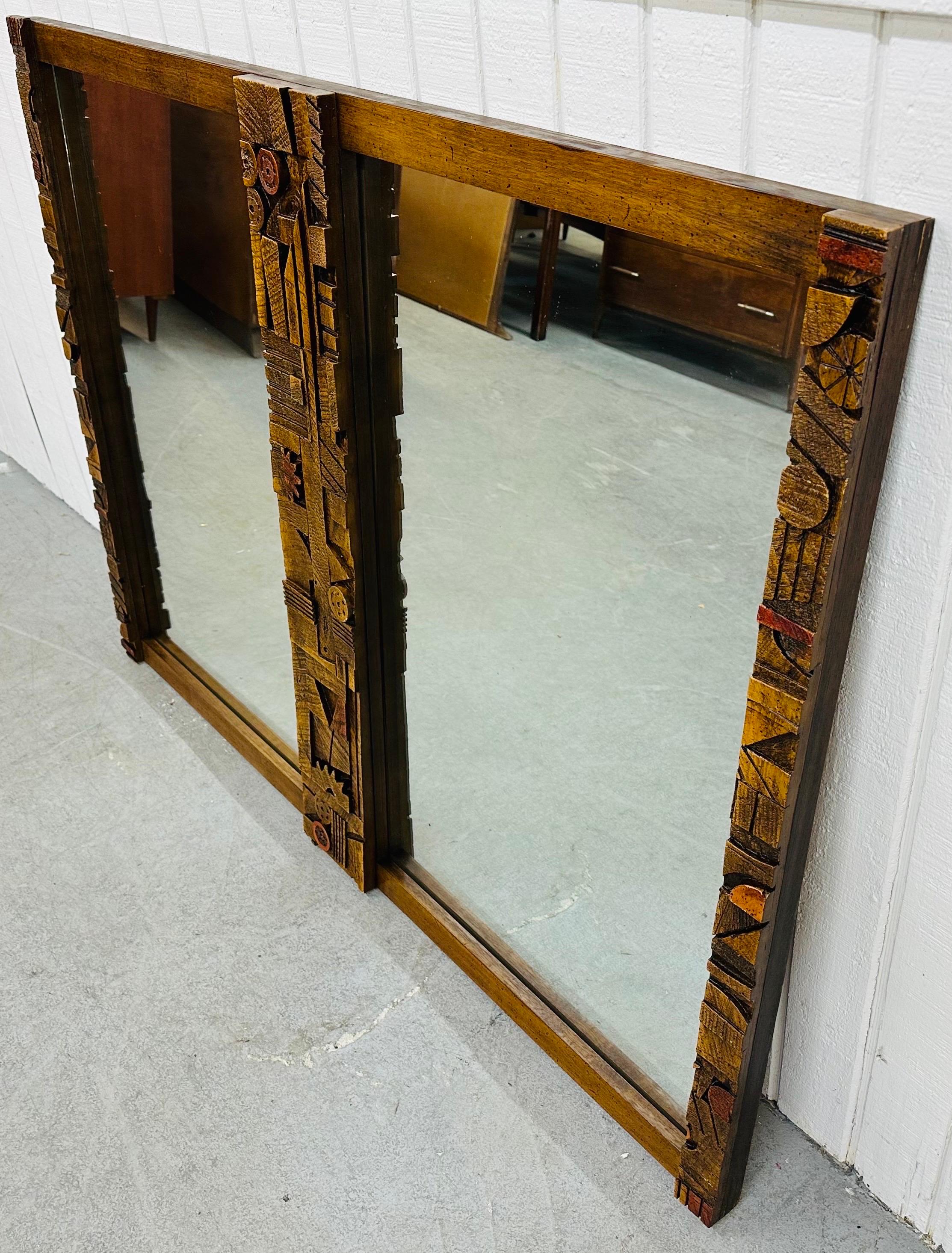 This listing is for a Mid-Century Modern Lane Pueblo Brutalist Wall Mirror. Featuring a rectangular double mirror design, brutalist geometrical shapes, and a beautiful walnut finish. This is an exceptional combination of quality and design by Lane!