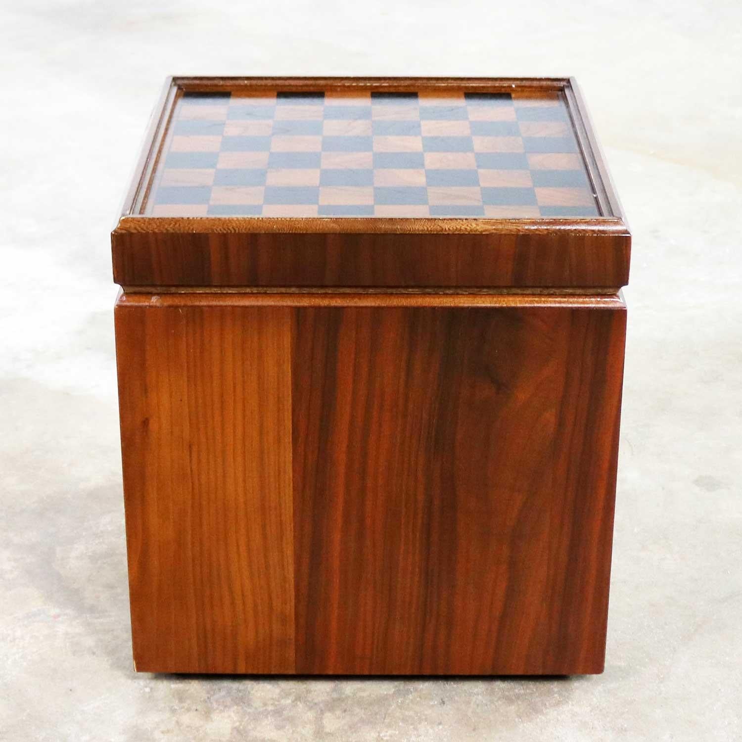 American Mid-Century Modern Lane Rolling Cube Storage Ottoman Table, Game Board Flip Top