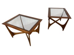 Mid-Century Modern Lane "Silhouette" Walnut Glass Top Side Tables - Set of 2
