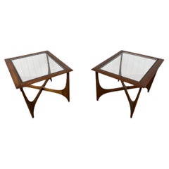 Mid-Century Modern Lane "Silhouette" Walnut Glass Top Side Tables - Set of 2
