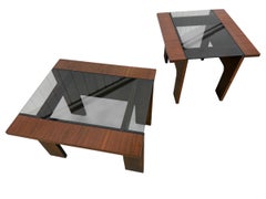 Mid-Century Modern Lane Smoked Glass Walnut Side Tables - Set of 2