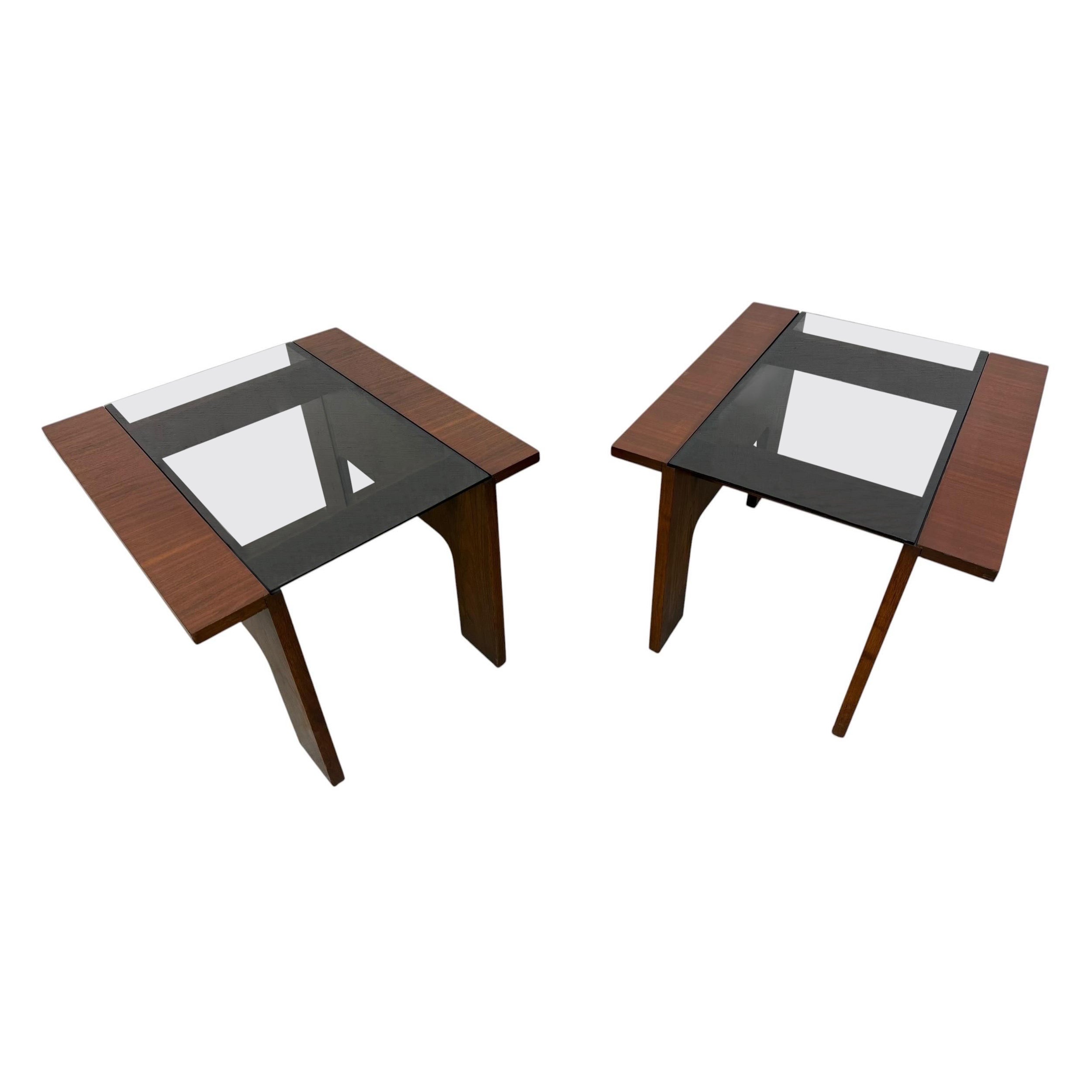 Mid-Century Modern Lane Smoked Glass Walnut Side Tables - Set of 2 For Sale