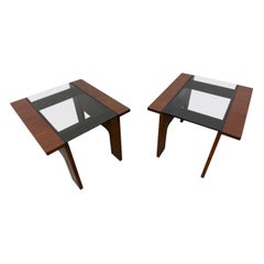 Mid-Century Modern Lane Smoked Glass Walnut Side Tables - Set of 2