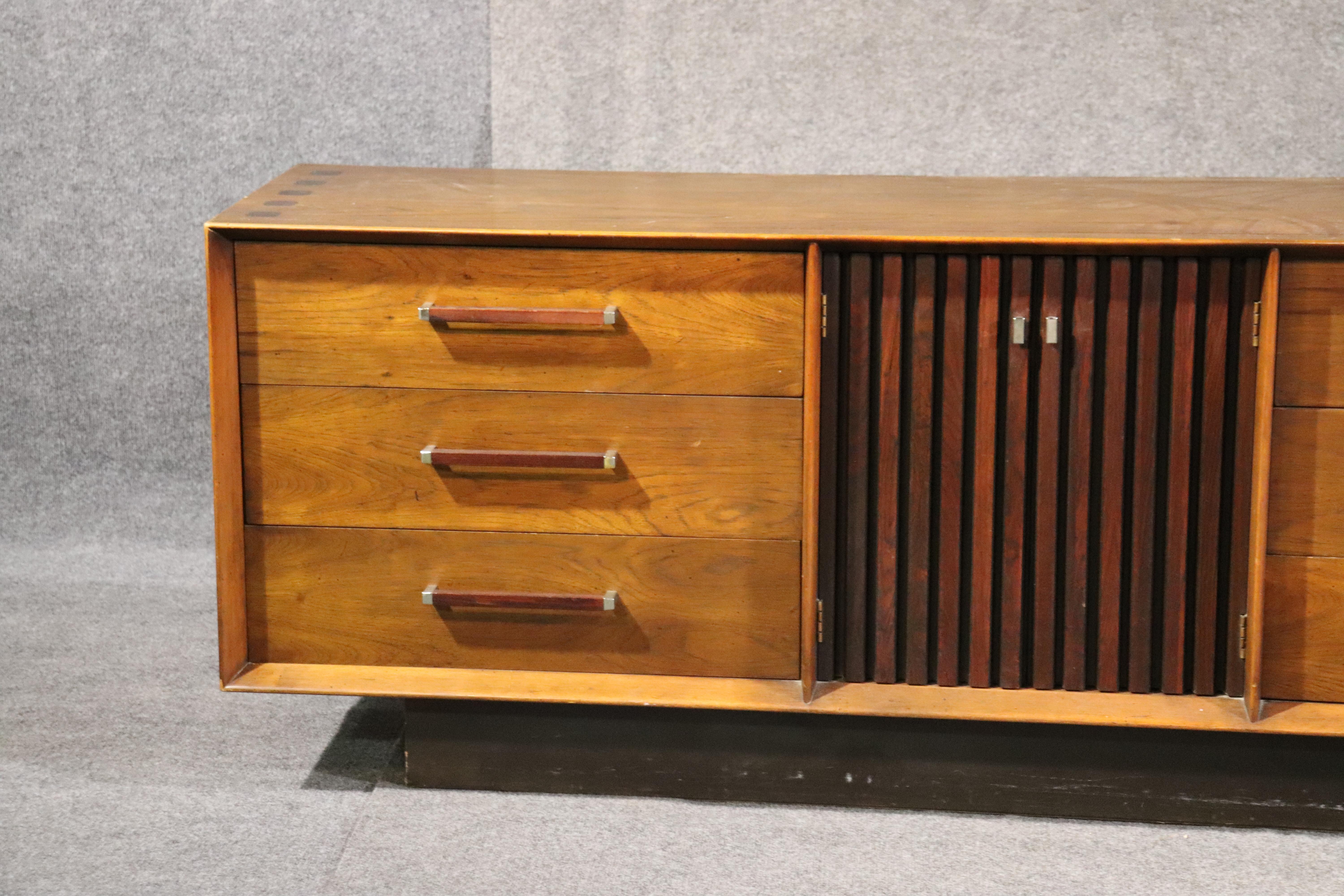 American Mid-Century Modern Lane Walnut and Rosewood Triple Dresser with Mirrors