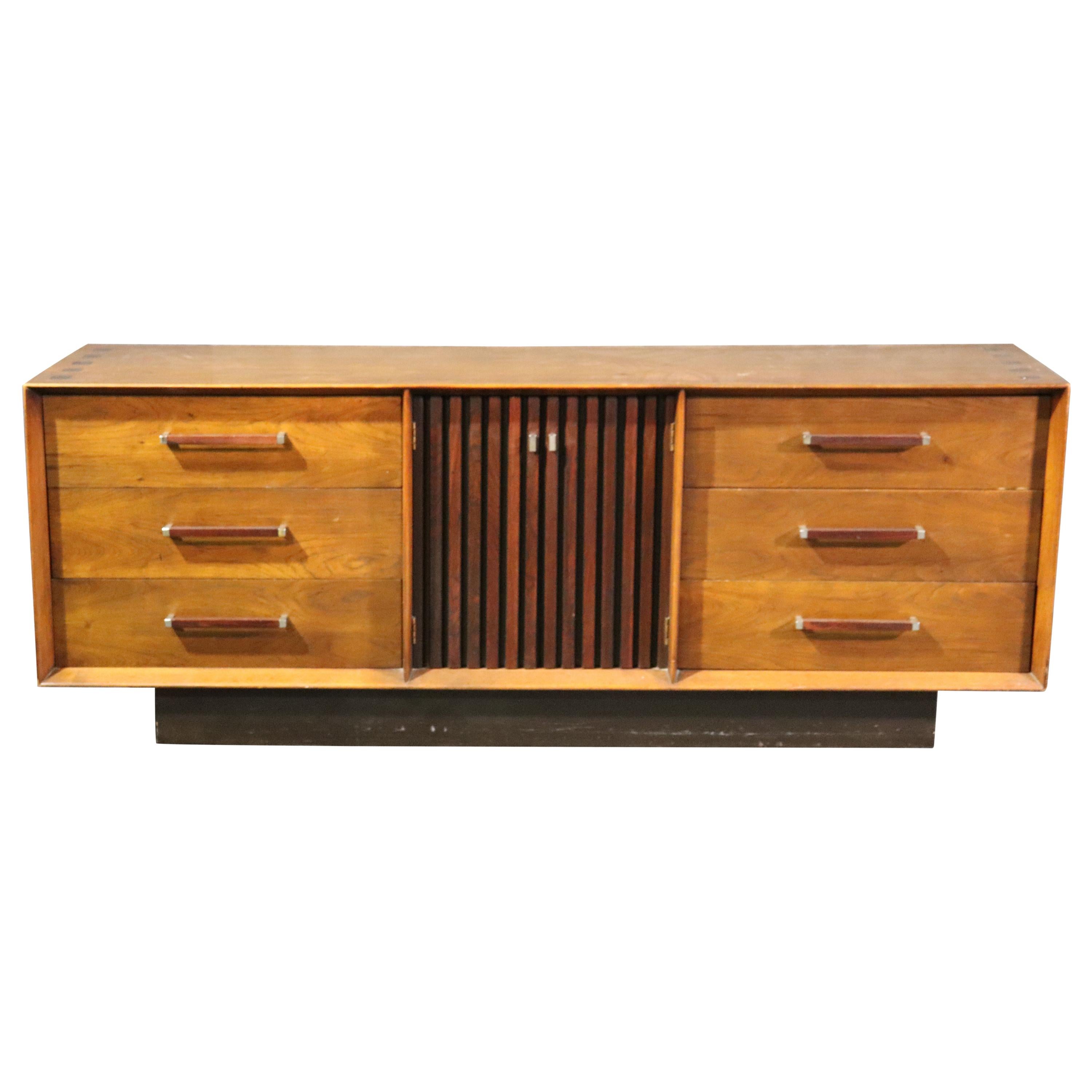 Mid-Century Modern Lane Walnut and Rosewood Triple Dresser with Mirrors