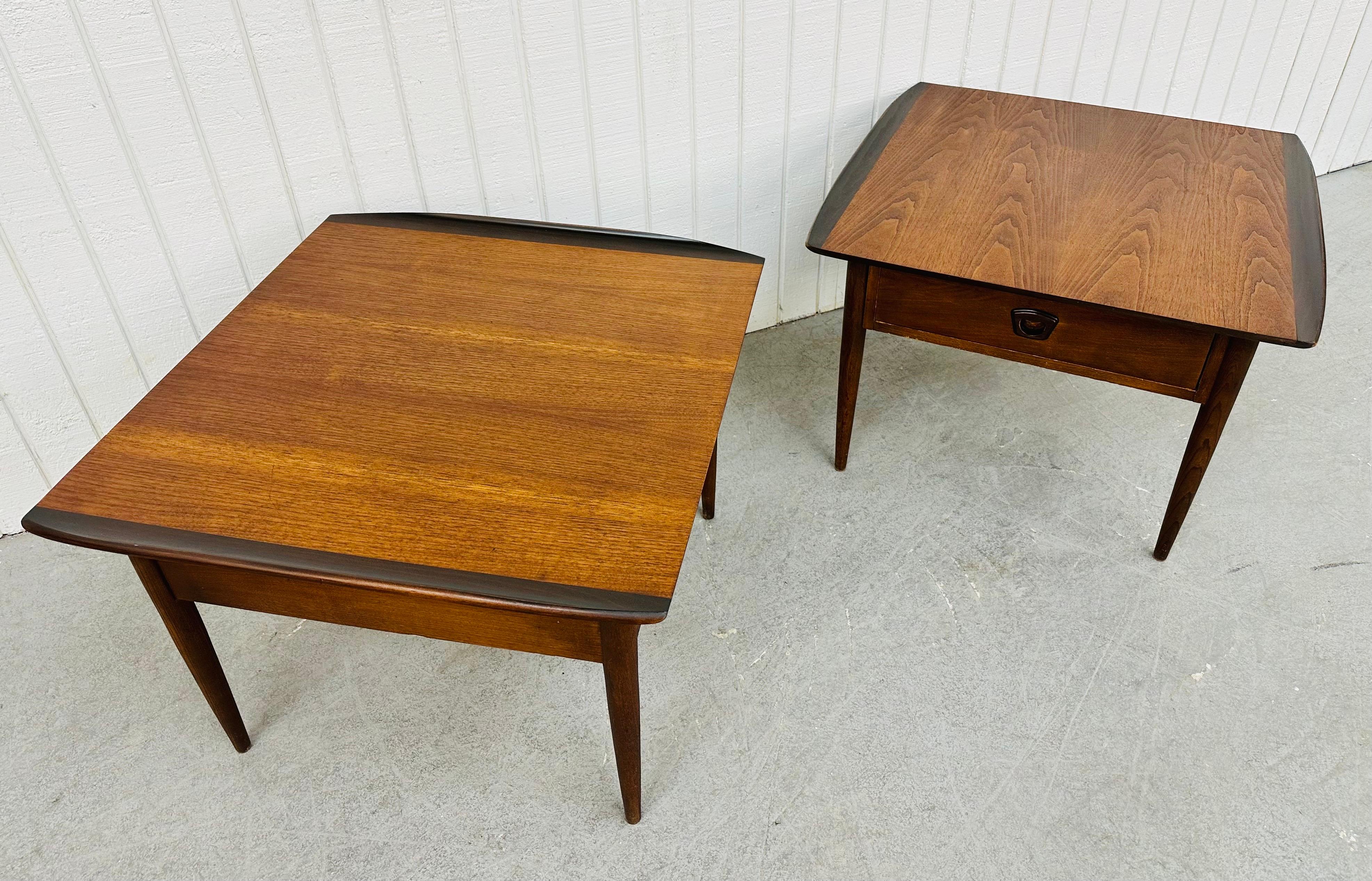 This listing is for a pair of Mid-Century Modern Lane Walnut Side Tables. Featuring a straight line design, rectangular top with curved edge, single drawer for storage, four modern legs, and a beautiful walnut finish. This is an exceptional