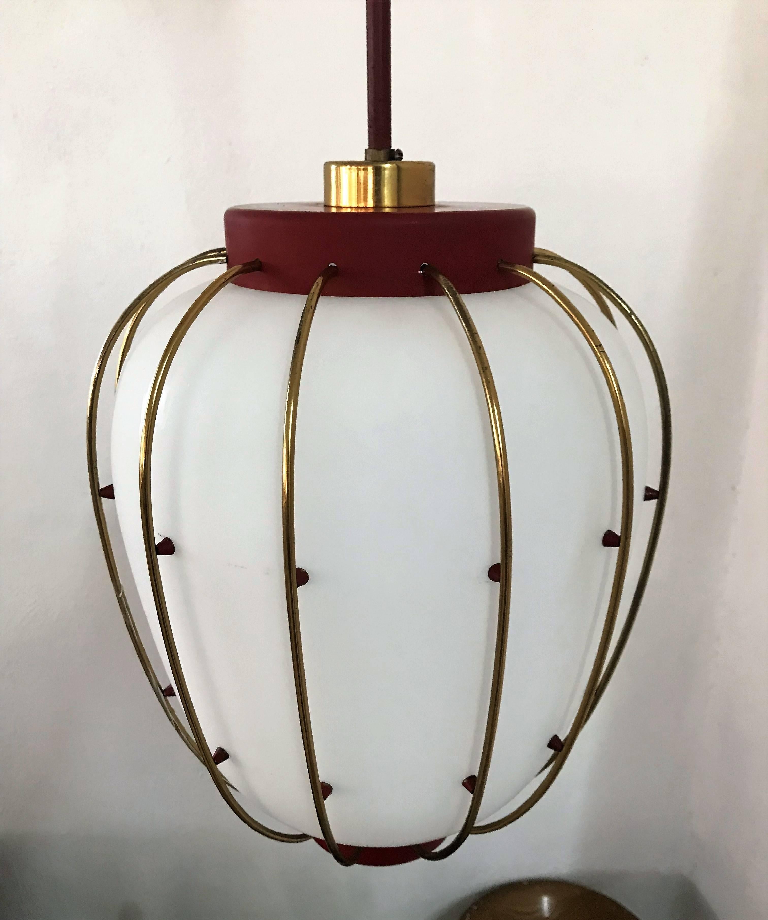 Italian 3 Mid-Century Modern Lantern in Brass and Opaline Glass, 1950, Stilnovo attr.