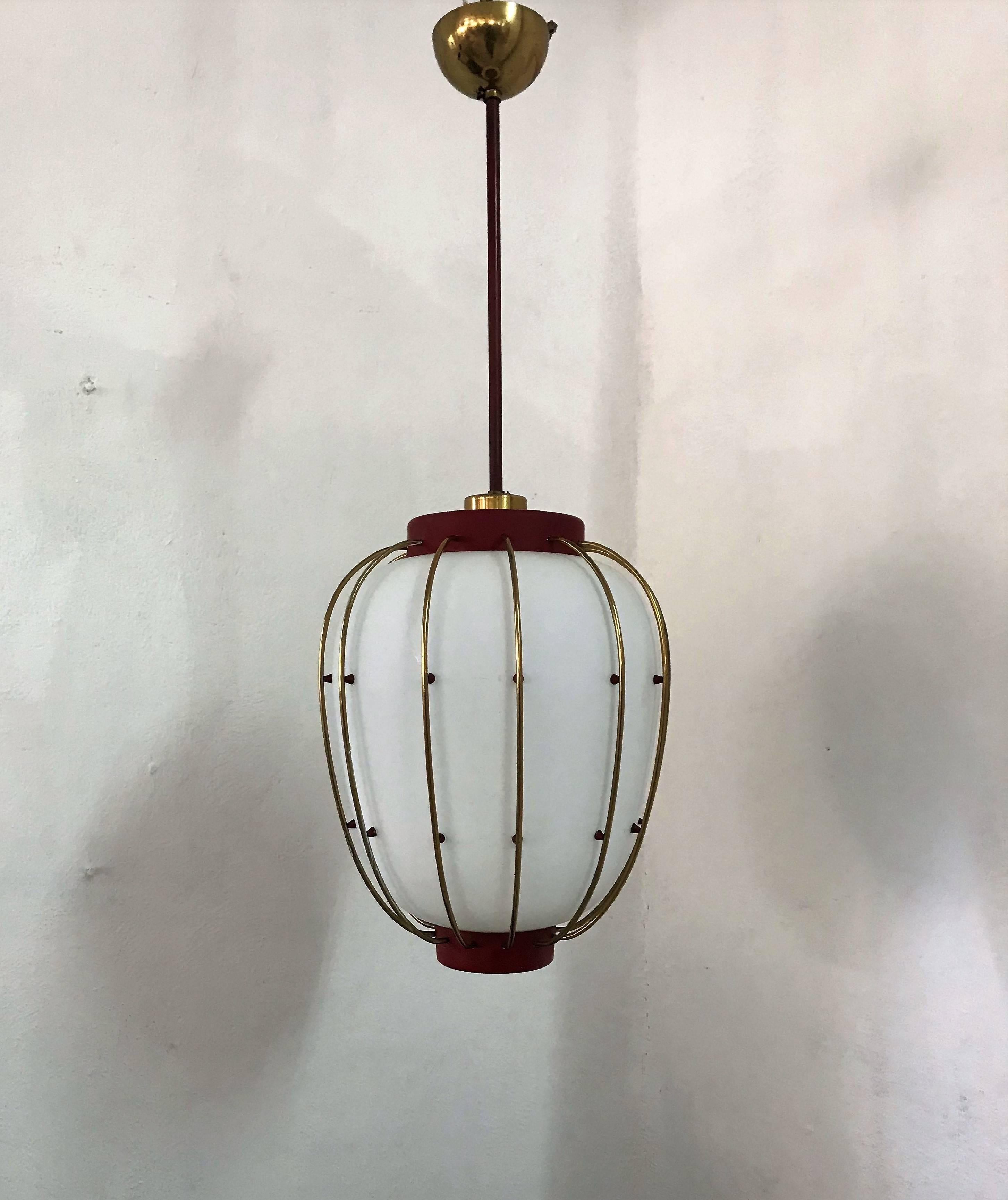 Mid-Century Modern Lantern in Brass and Opaline Glass, 1950, Stilnovo Attributed 3