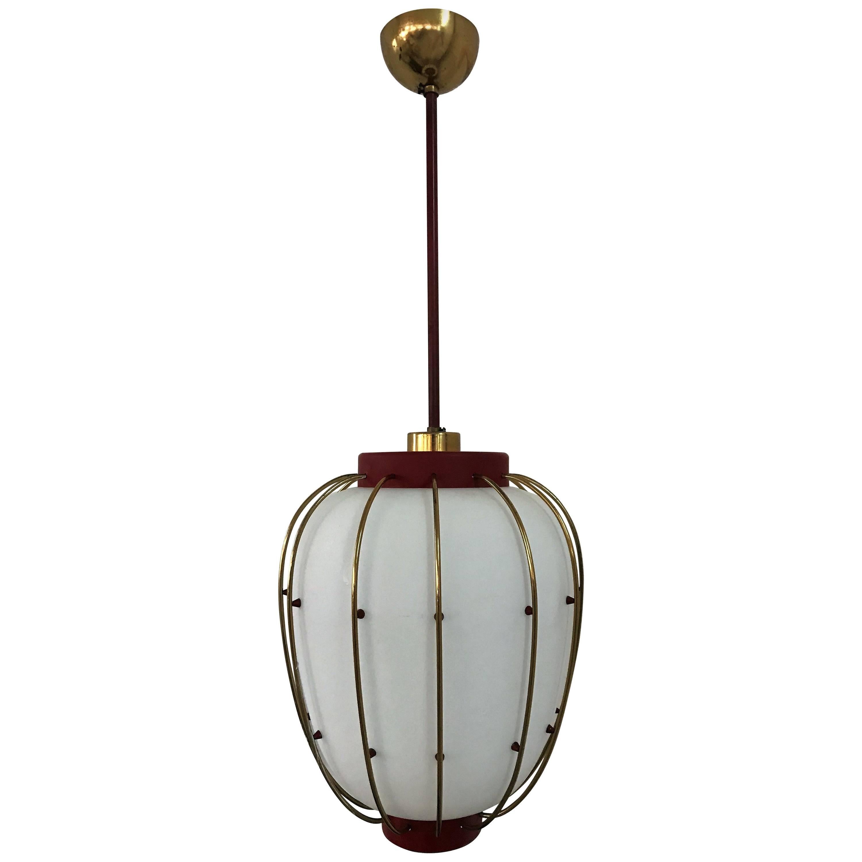 Mid-Century Modern Lantern in Brass and Opaline Glass, 1950, Stilnovo Attributed