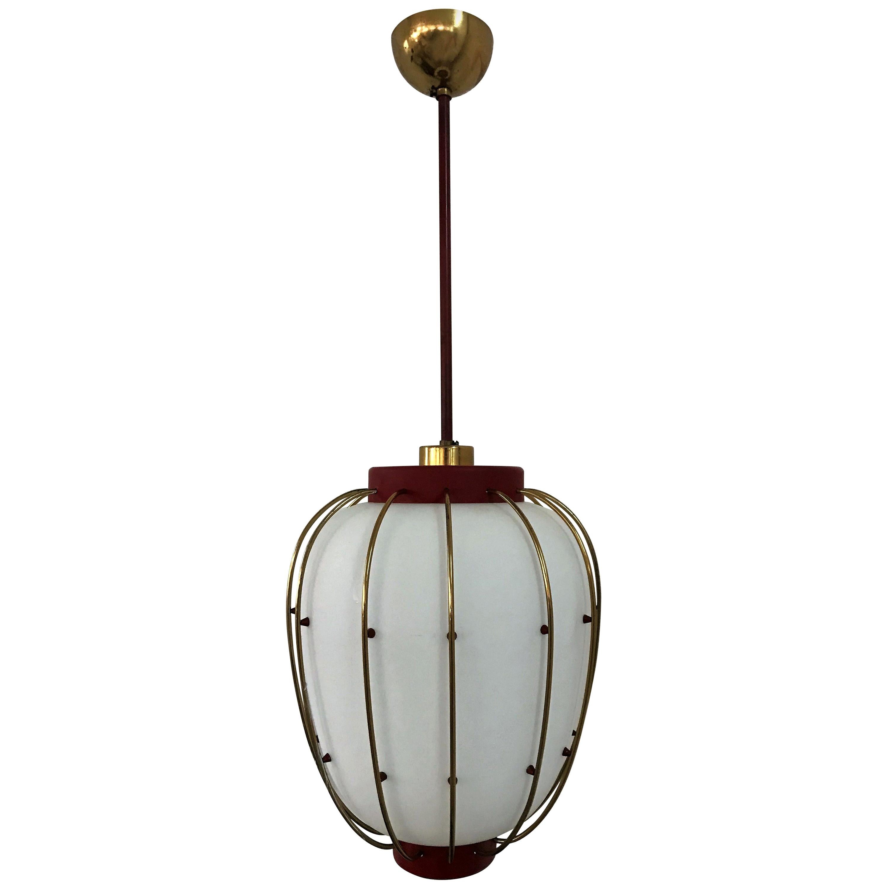 3 Mid-Century Modern Lantern in Brass and Opaline Glass, 1950, Stilnovo attr.