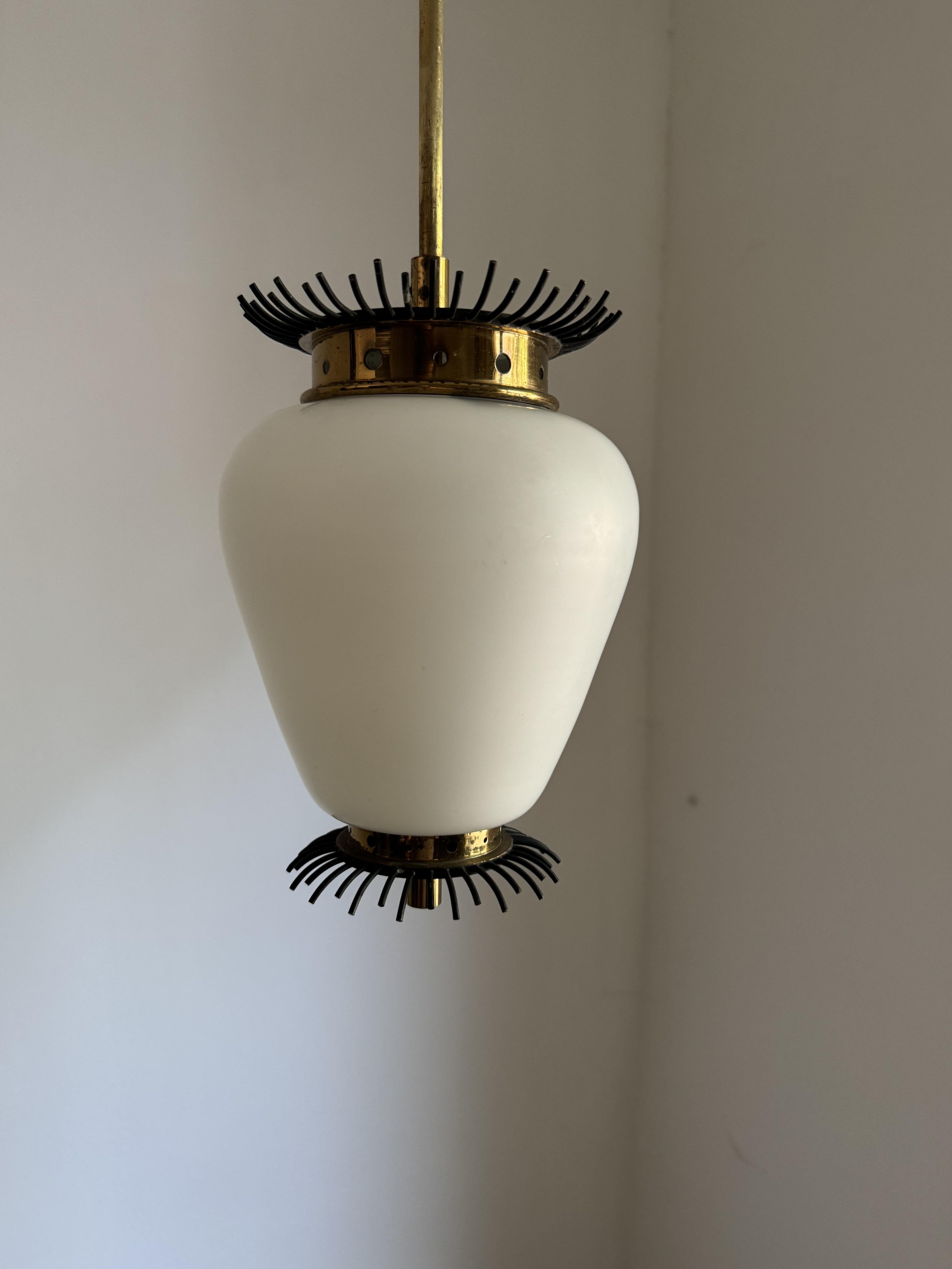 Italian Mid-Century Modern Lantern in Brass and Opaline Glass, 1950s, ITSO Angelo Lelii For Sale