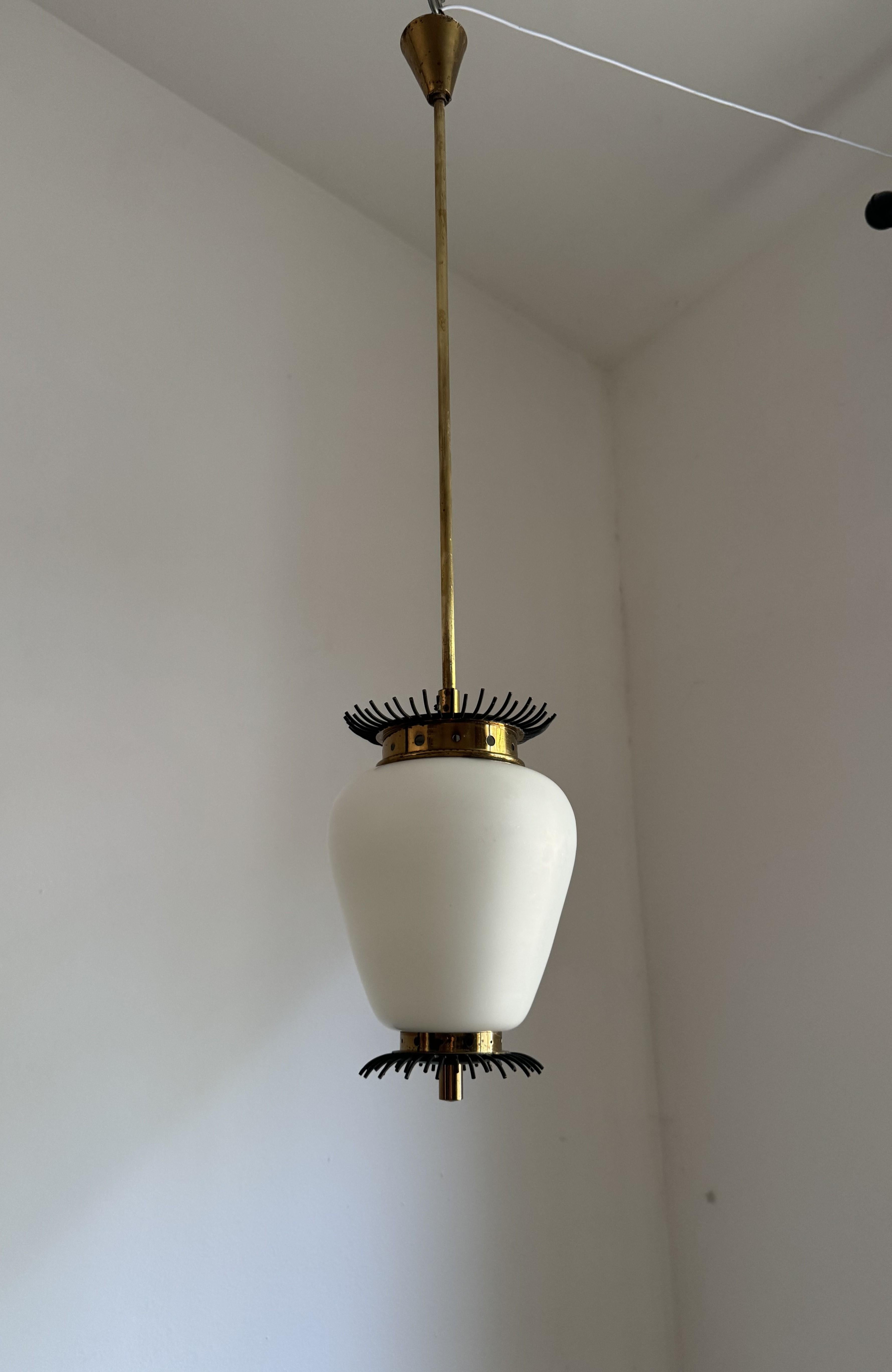 Lacquered Mid-Century Modern Lantern in Brass and Opaline Glass, 1950s, ITSO Angelo Lelii For Sale