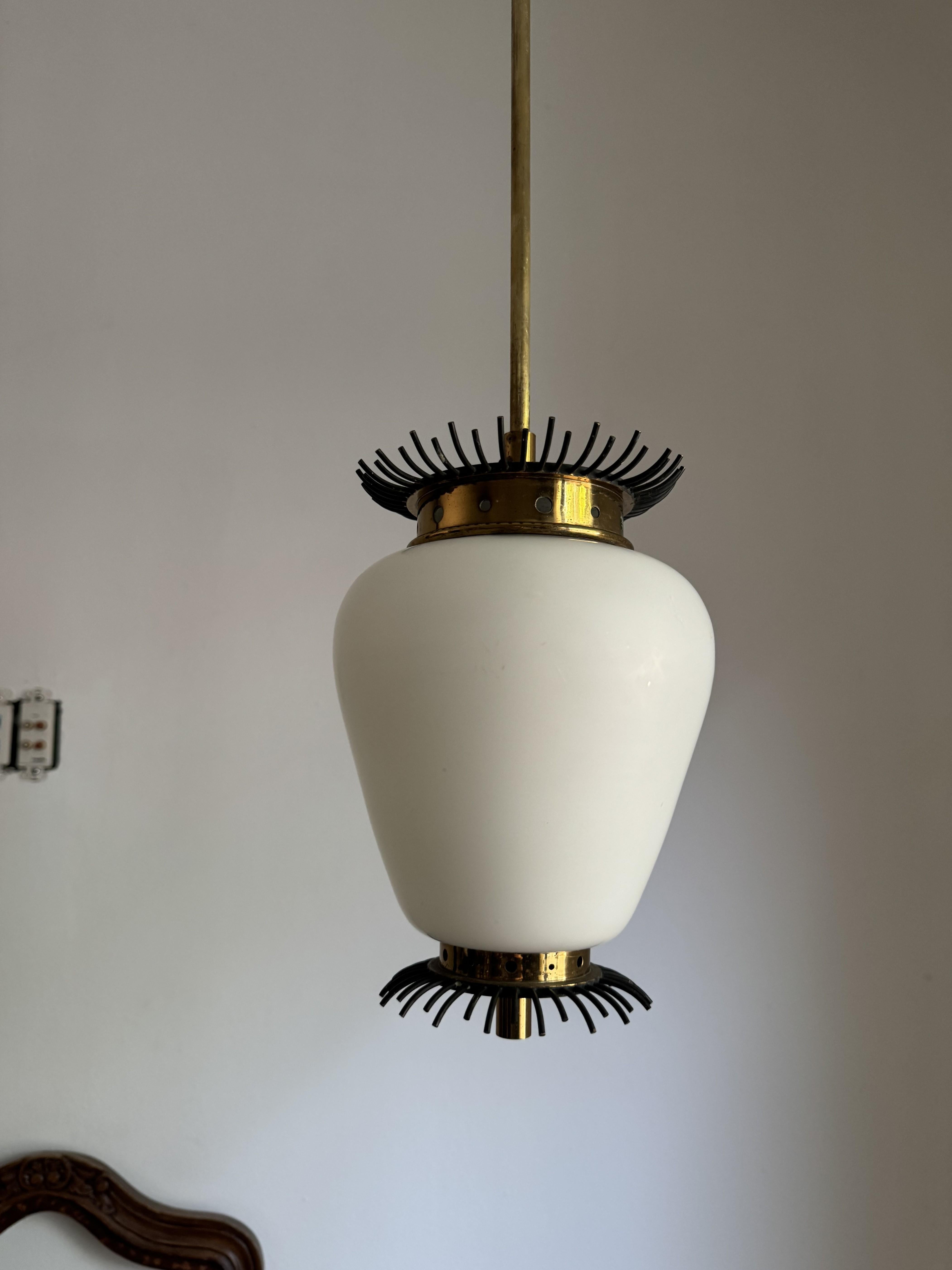 Mid-Century Modern Lantern in Brass and Opaline Glass, 1950s, ITSO Angelo Lelii For Sale 2
