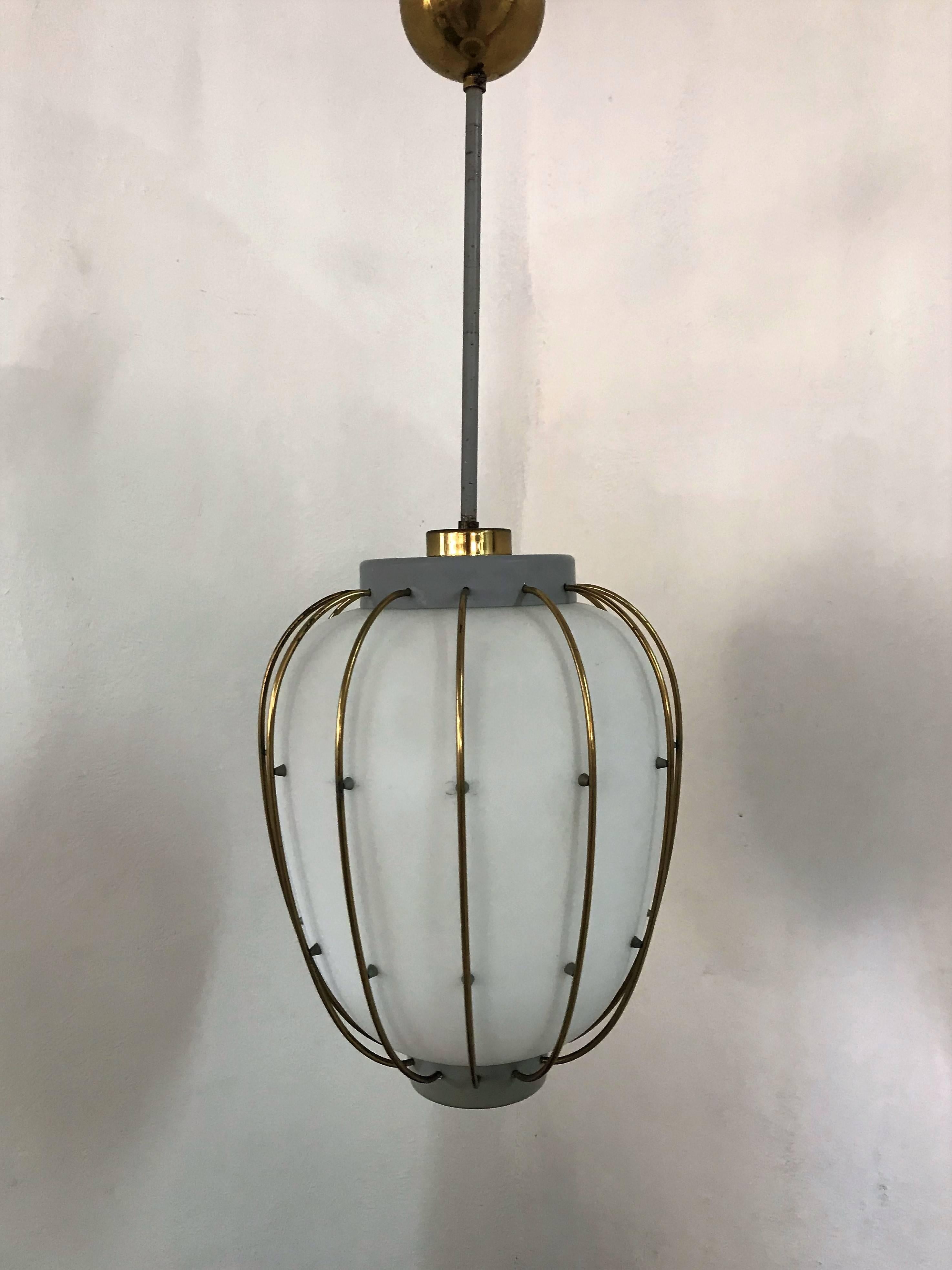 Mid-Century Modern Lantern in Brass and Opaline Glass, Attributed to Stilnovo 6