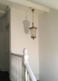 Mid-Century Modern Lantern of Textured Glass and Gilt Metal by Lumi, Italy