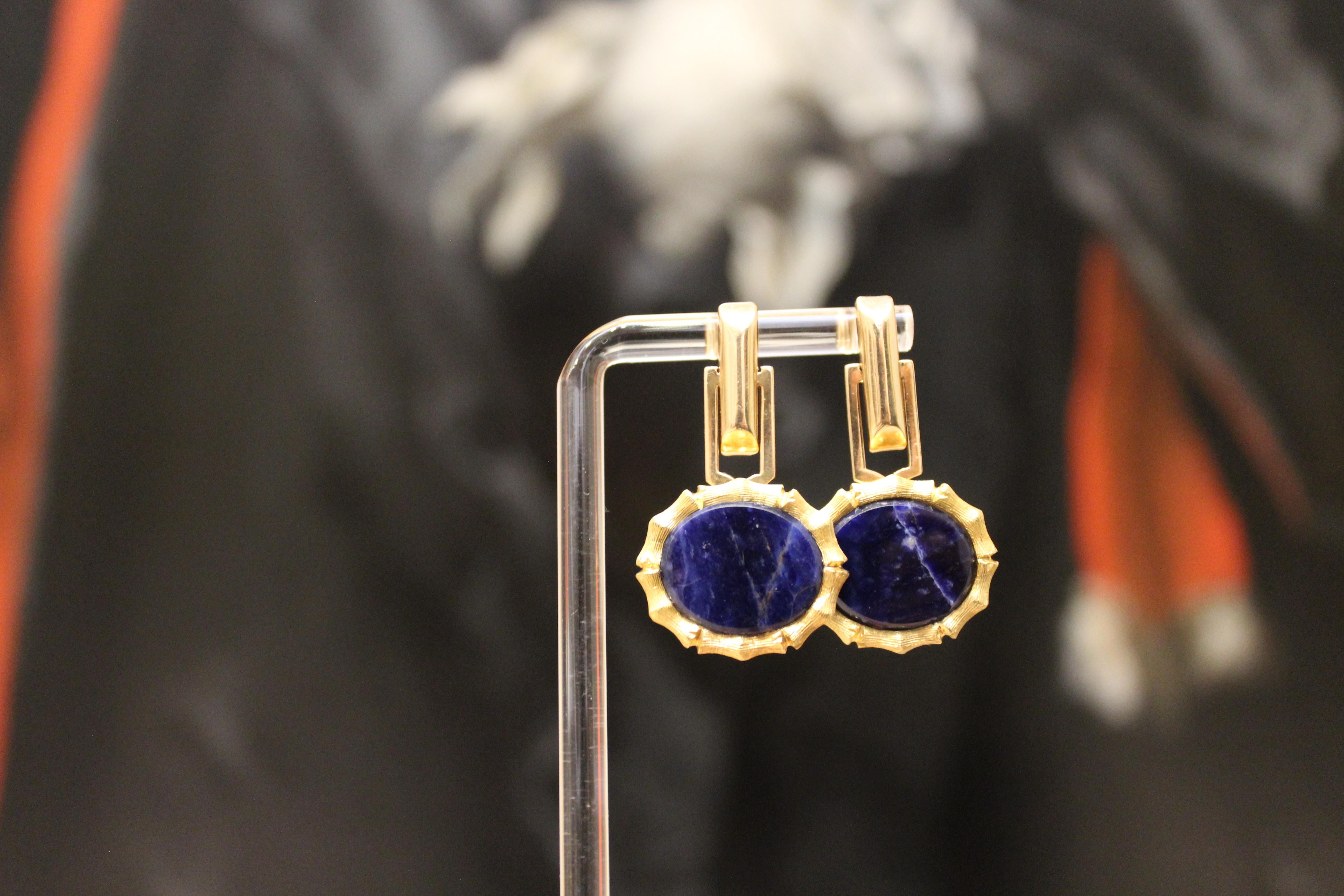Mid Century Modern Lapis & Gold Earrings In Excellent Condition For Sale In San Diego, CA