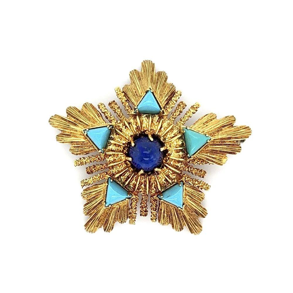 Simply Beautiful! Vintage Lapis Lazuli and Turquoise Gold Helios Brooch Pin. Hand crafted in 18K Yellow Gold. Hand set with Lapis and Turquoise Stones. Measuring approx. 43mm. Circa1970s. In excellent condition, recently professionally cleaned and