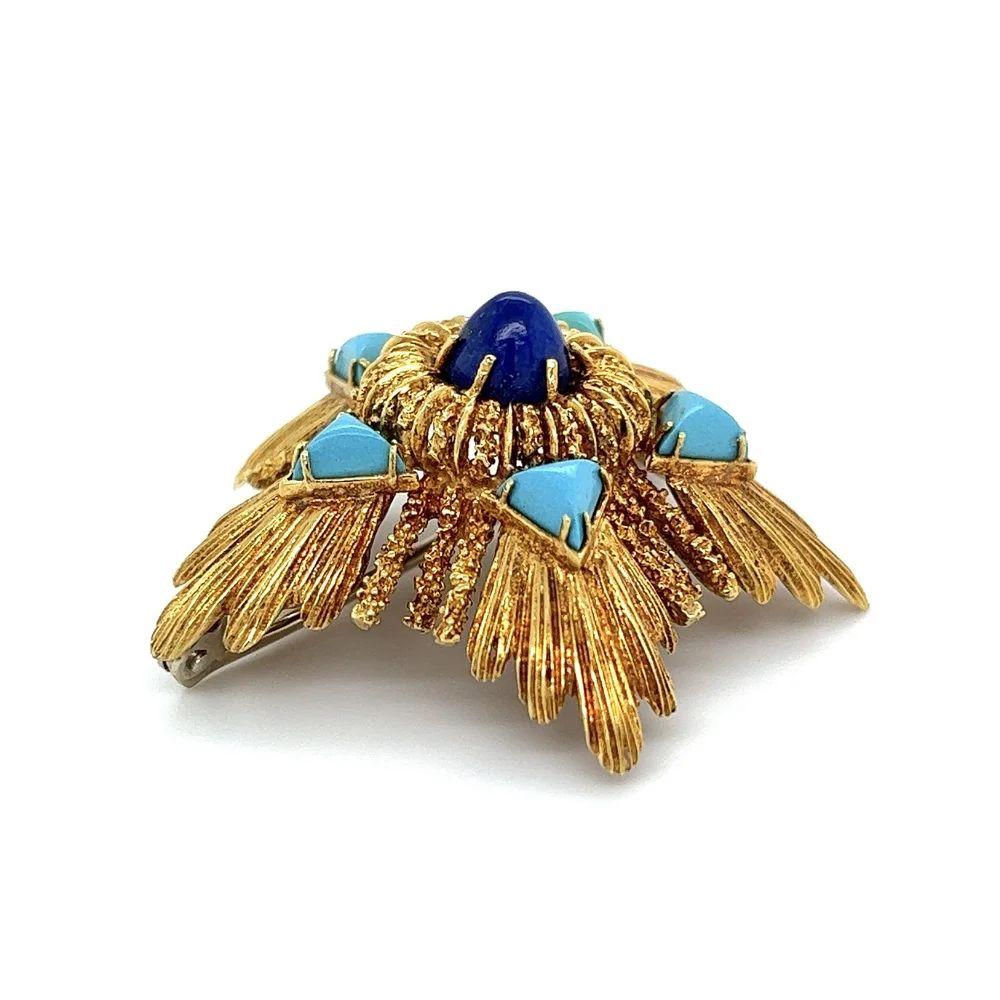 Taille mixte Broche Helios moderne du milieu du siècle dernier en or, lapis-lazuli et turquoise en vente