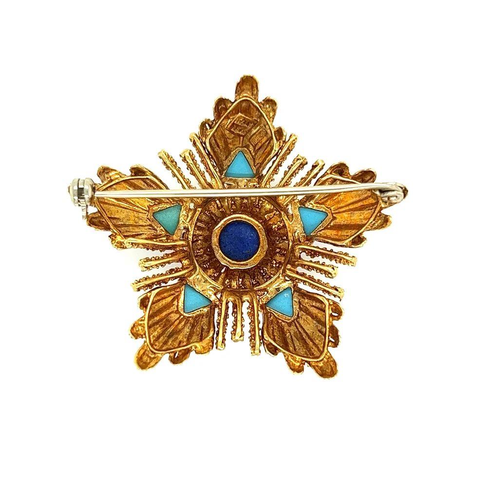 Modernist Mid Century Modern Lapis Lazuli and Turquoise Gold Vintage Helios Brooch Pin For Sale
