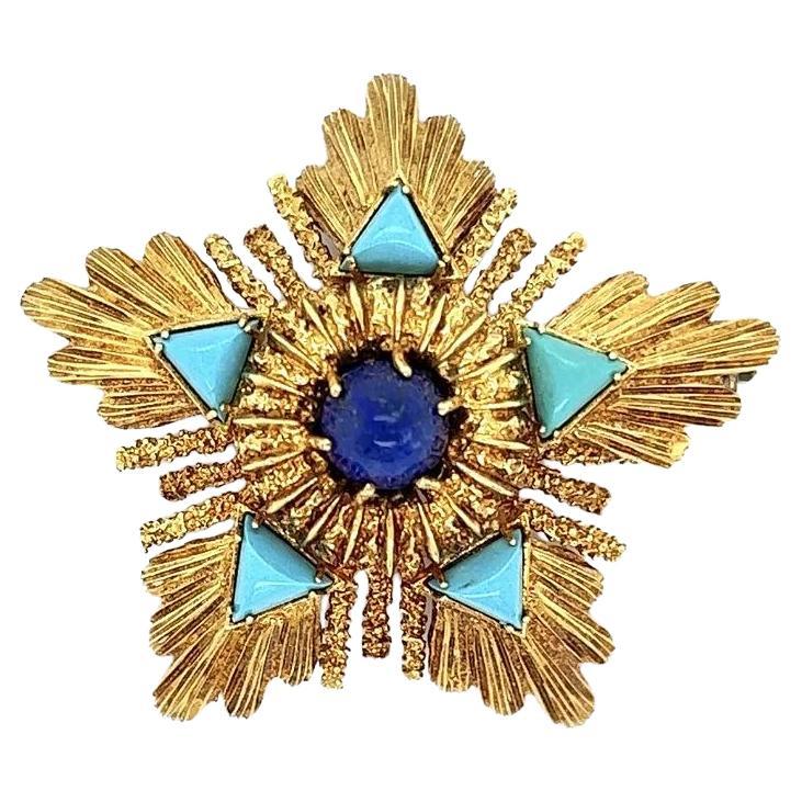 Broche Helios moderne du milieu du siècle dernier en or, lapis-lazuli et turquoise