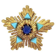 Mid Century Modern Lapis Lazuli and Turquoise Gold Vintage Helios Brooch Pin