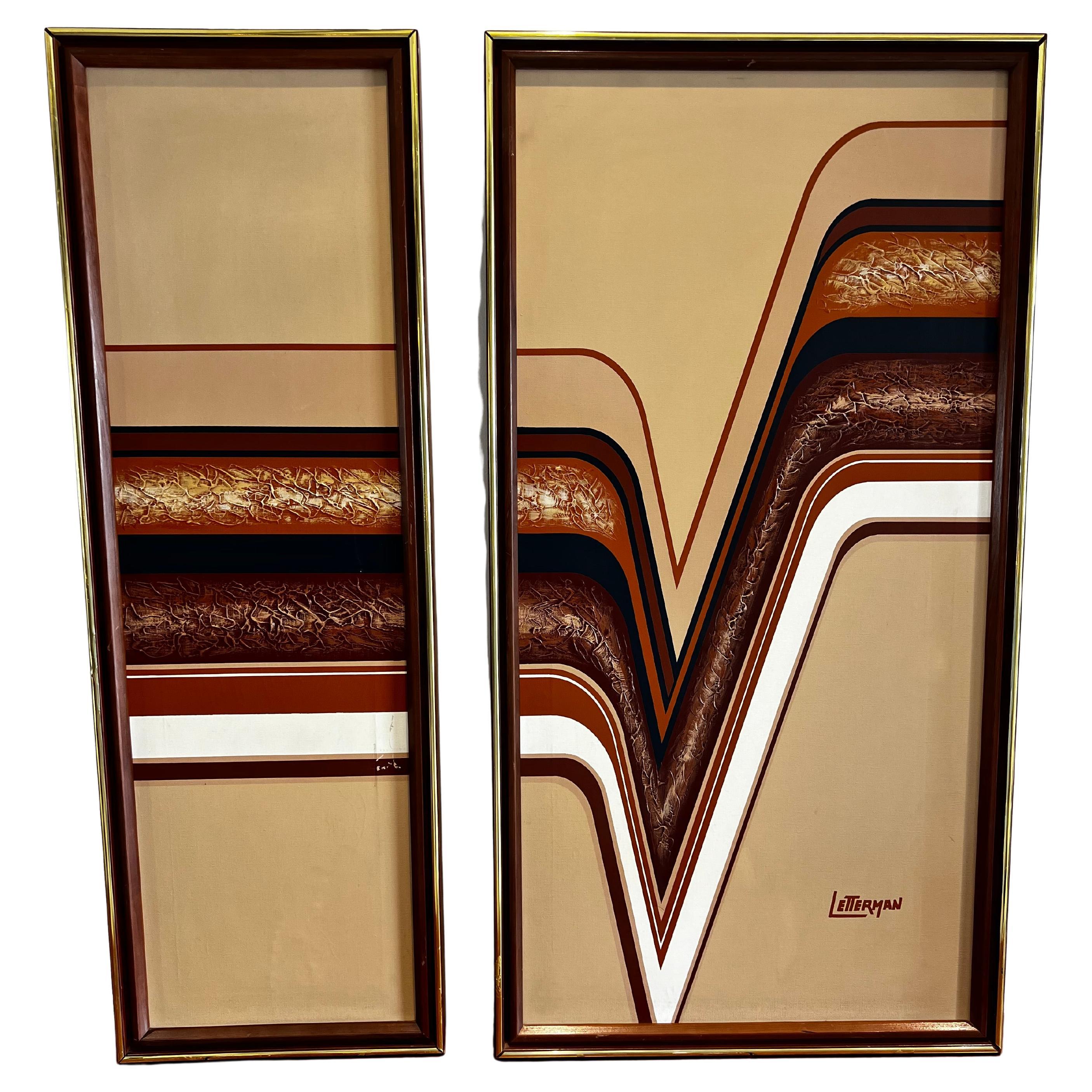 Mid-Century Modern Large 2 Panel Framed Letterman Wall Art