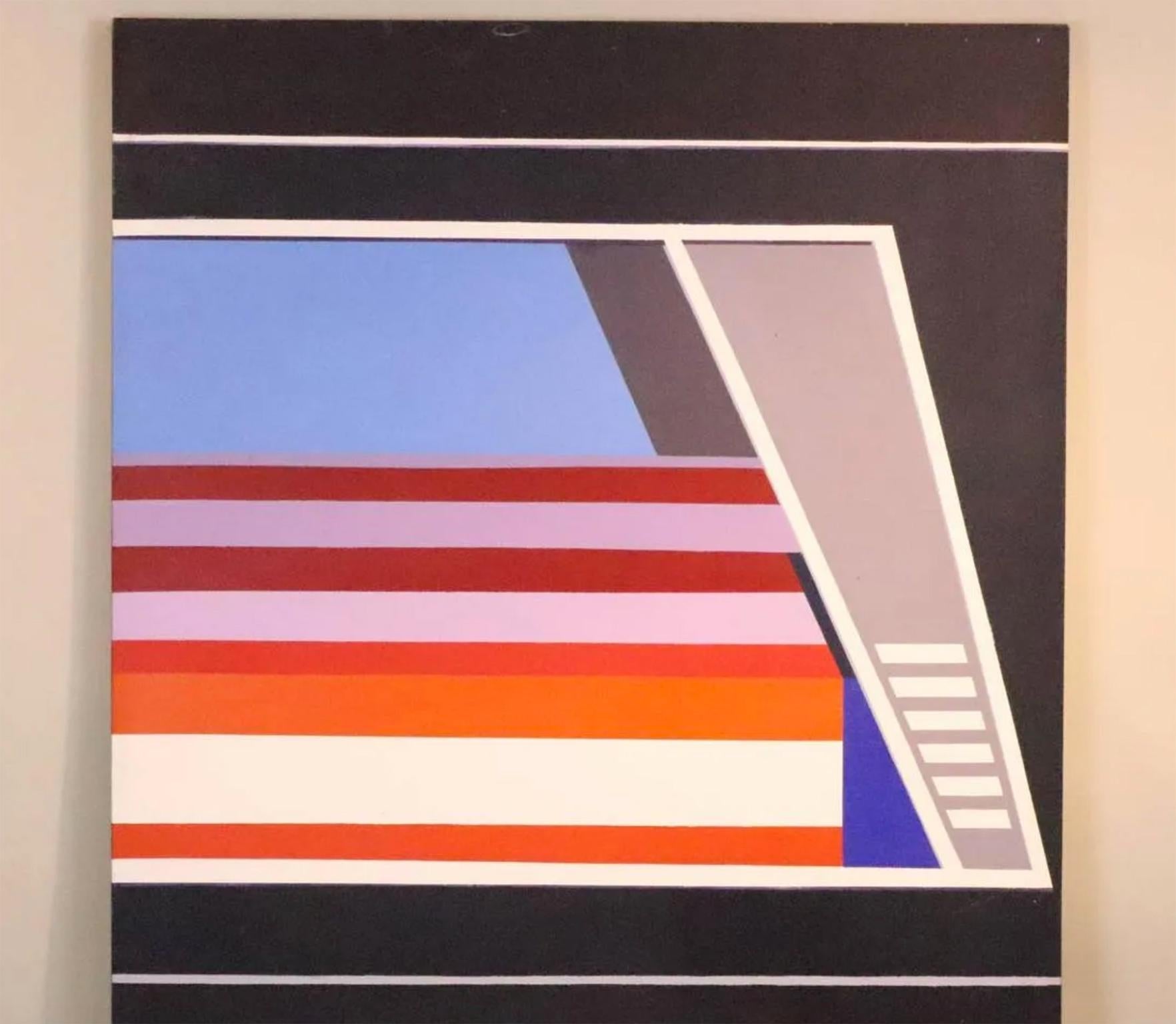 Schöne bunte große Mid-Century Modern abstraktes geometrisches Kunstwerk Gemälde auf Leinwand Rahmen. Keine Unterschrift. Guter Vintage-Zustand ein paar kleine Flecken vom Alter. Verdrahtet, um vertikal zu hängen, wie fotografiert. circa 1970er