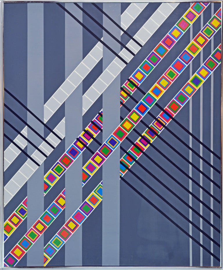 Signed and titled 'Terrestria III' on the back by the artist this huge acrylic on panel measures 40 x 48 in. without frame and 41 x 49 in. including the Minimalist style metal frame. It features an intricate geometric composition of squares, bands,