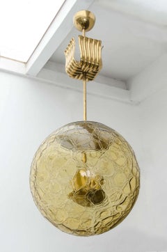 Amber-Coloured Glass Pendant Light with Decorative Canopy, attr Doria