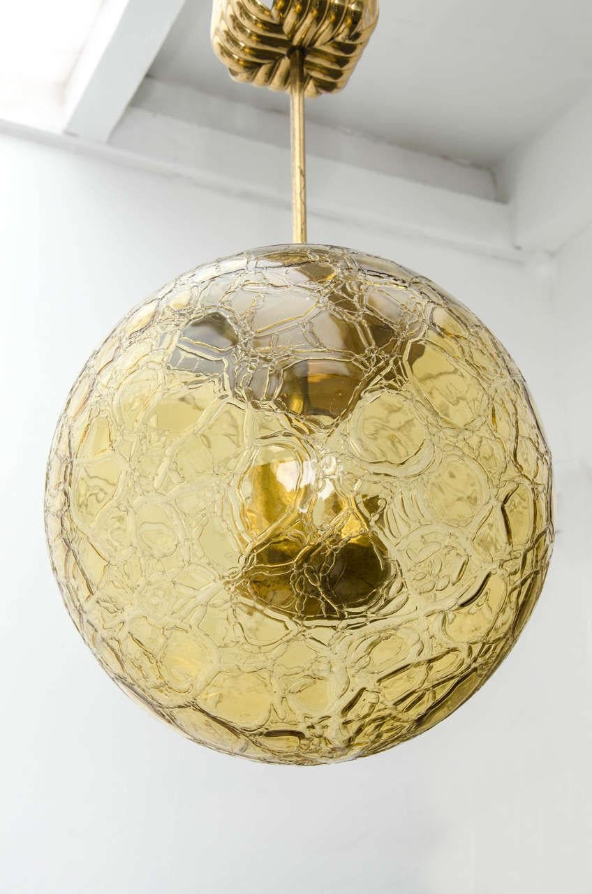 Mid-Century Modern Amber-Coloured Glass Pendant Light with Decorative Canopy, attr Doria For Sale