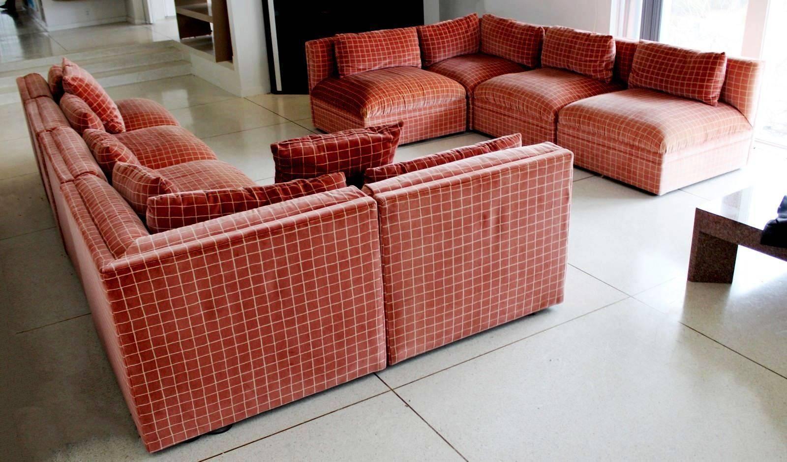 For your consideration is a fabulous, massive, nine-piece sectional sofa, in checkered red velvet, by Milo Baughman for Directional, circa the 1970s. In overall excellent vintage condition, one small section shows some slight staining, is included