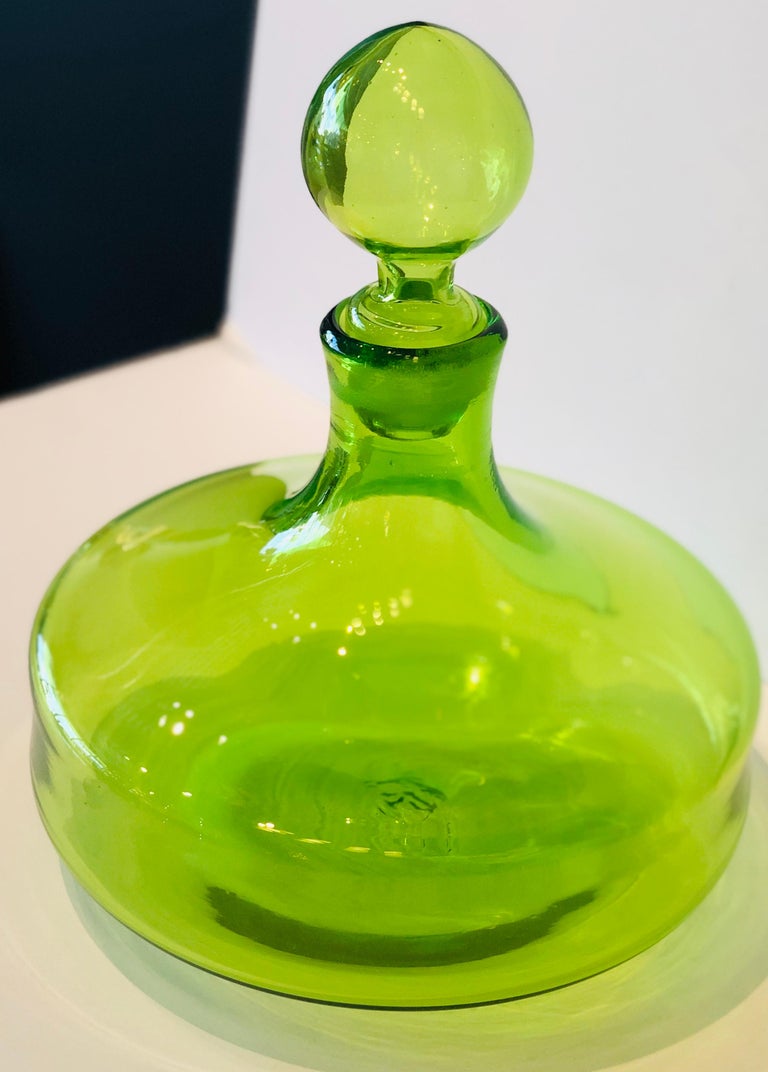 Large Blenko Style Blown Glass Chartreuse Green Decanter with Large
