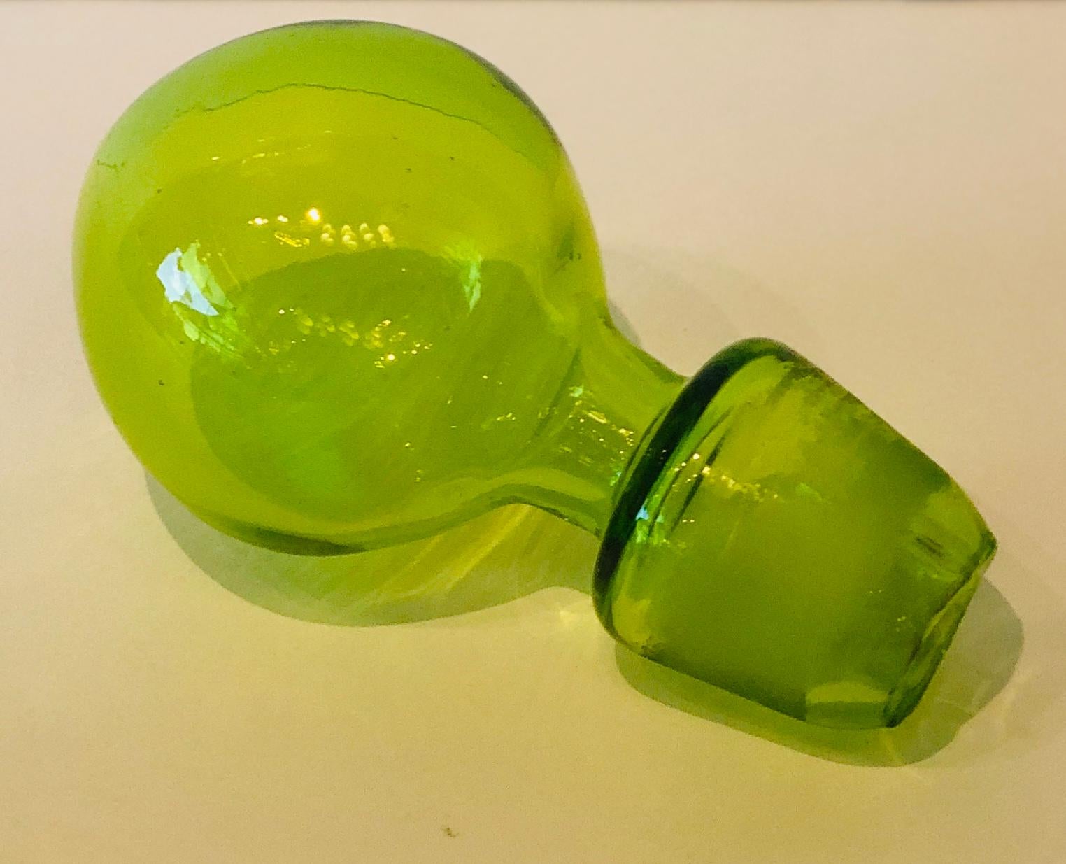 Large Blenko Style Blown Glass Chartreuse Green Decanter with Large Ball Stopper For Sale 6