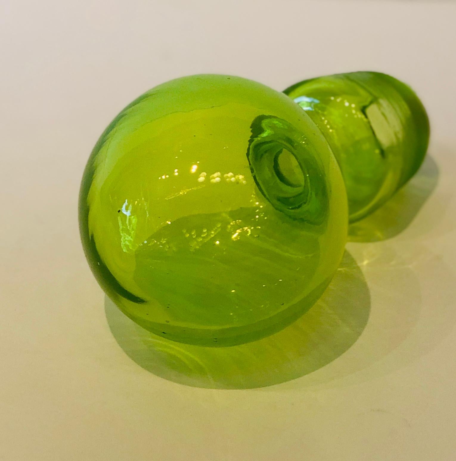 Large Blenko Style Blown Glass Chartreuse Green Decanter with Large Ball Stopper For Sale 5