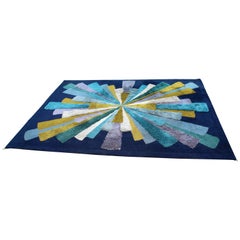 Mid-Century Modern Large Blue Hi Pile Low Pile Rectangular Starburst Rug Carpet