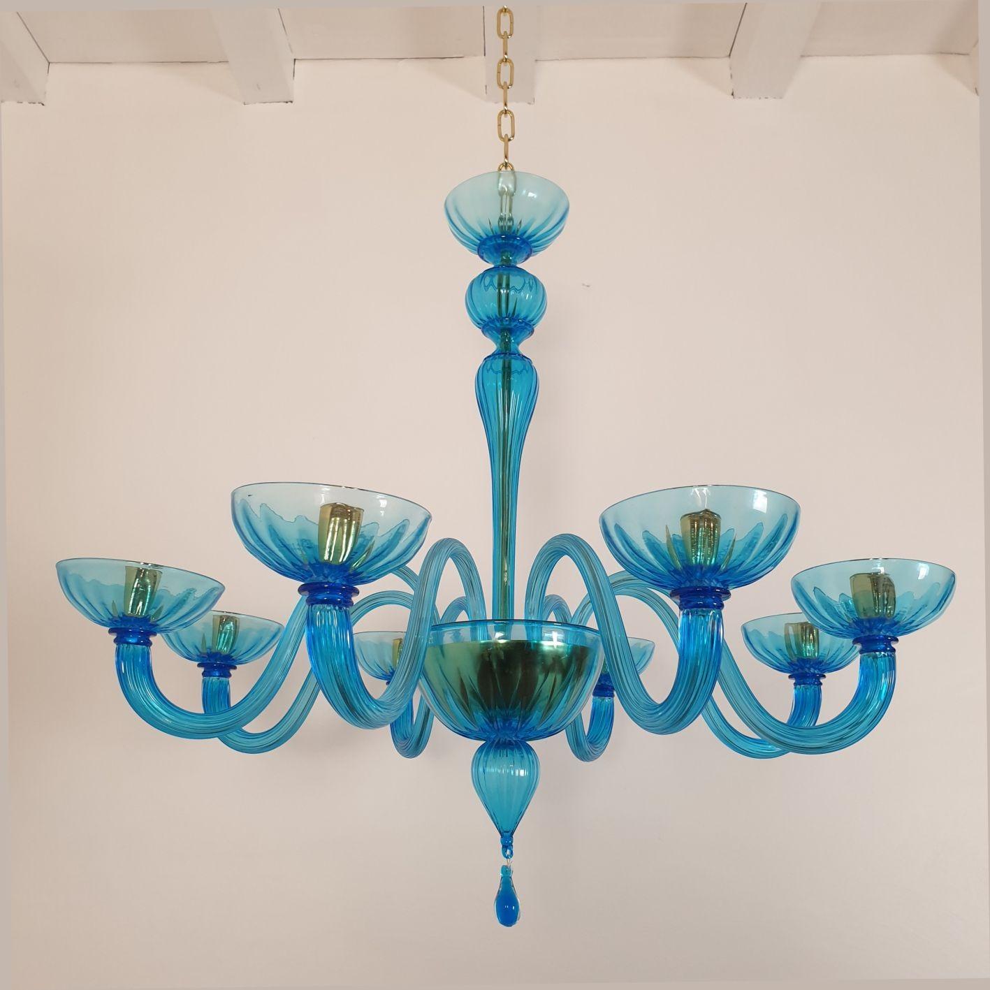 Italian Mid-Century Modern Large Blue Murano Glass Chandelier - Venini Style