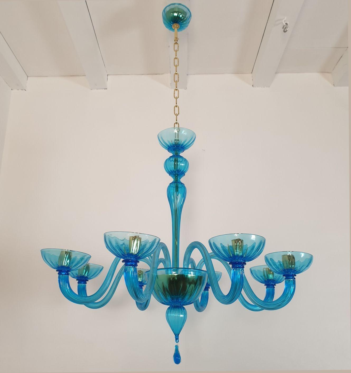 Late 20th Century Mid-Century Modern Large Blue Murano Glass Chandelier - Venini Style
