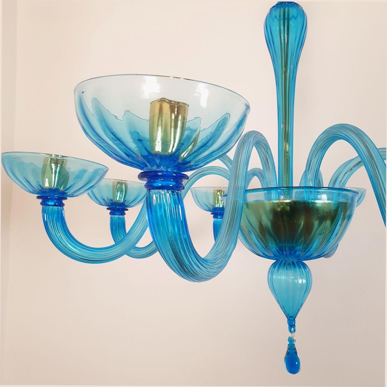 Gold Plate Mid-Century Modern Large Blue Murano Glass Chandelier - Venini Style