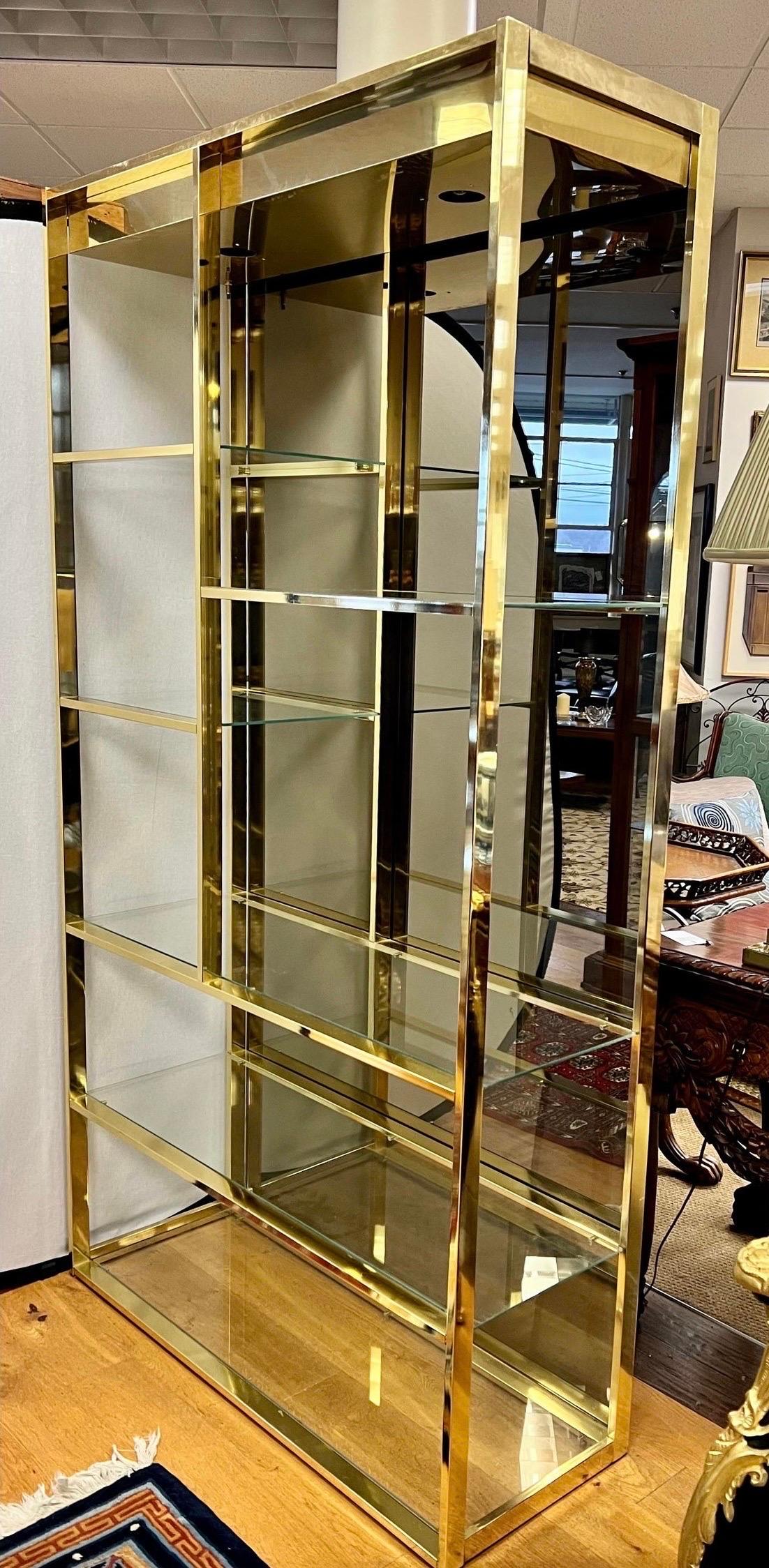 American Mid-Century Modern Large Brass and Glass Lighted Etagere Display Shelves Cabinet
