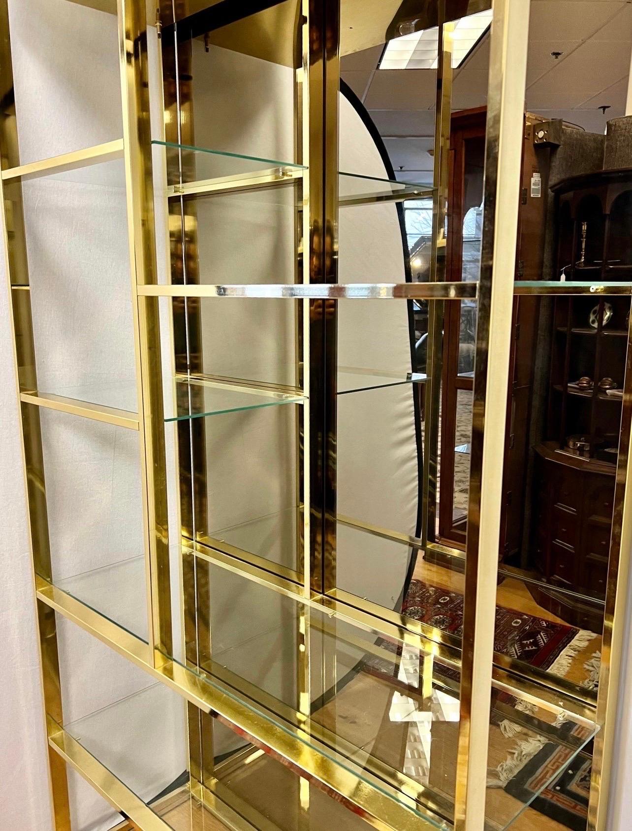 Late 20th Century Mid-Century Modern Large Brass and Glass Lighted Etagere Display Shelves Cabinet