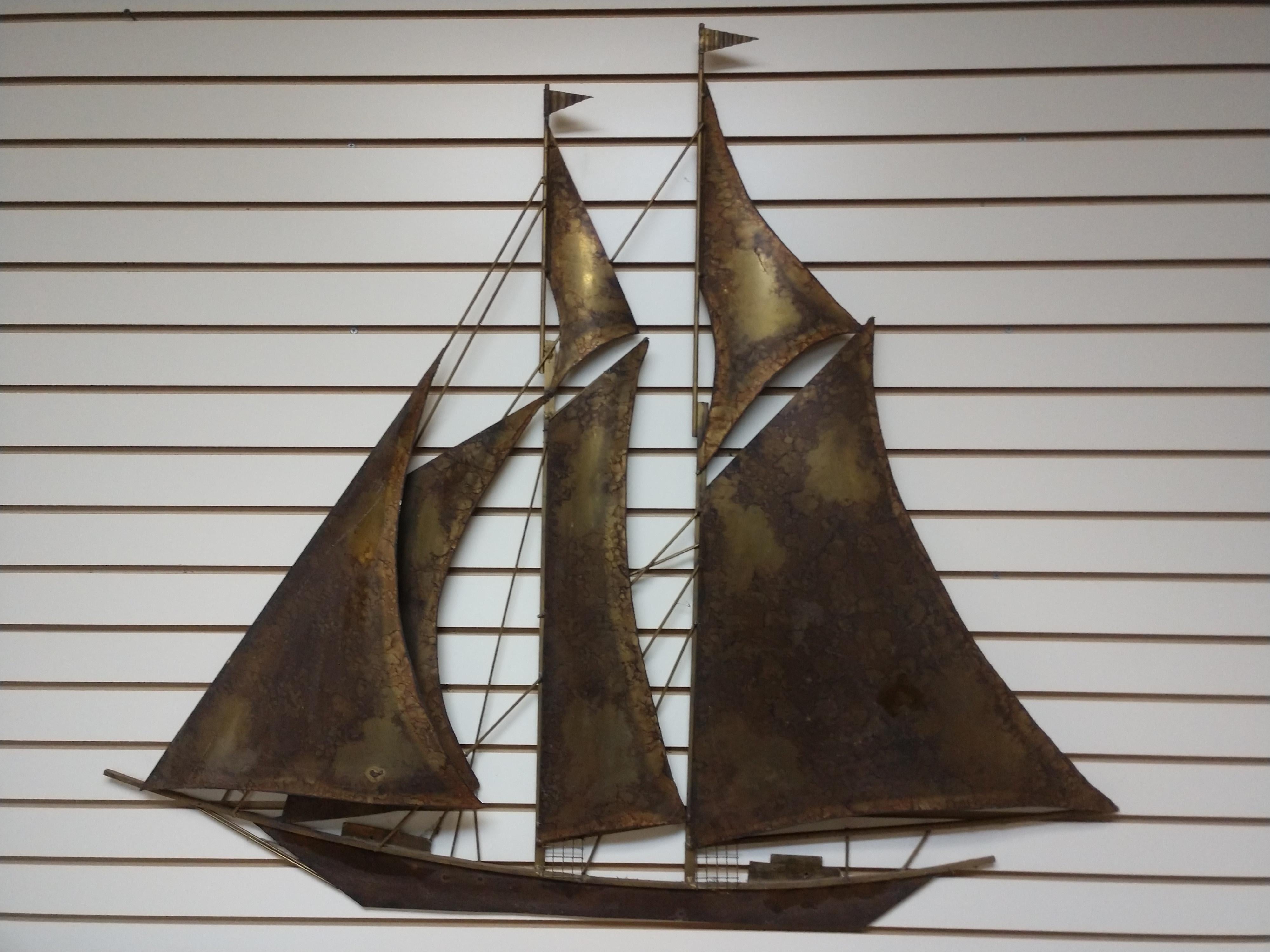 Mid-Century Modern Large Brass Brutalist Tall Ship Style of Curtis Jere In Good Condition For Sale In Port Jervis, NY