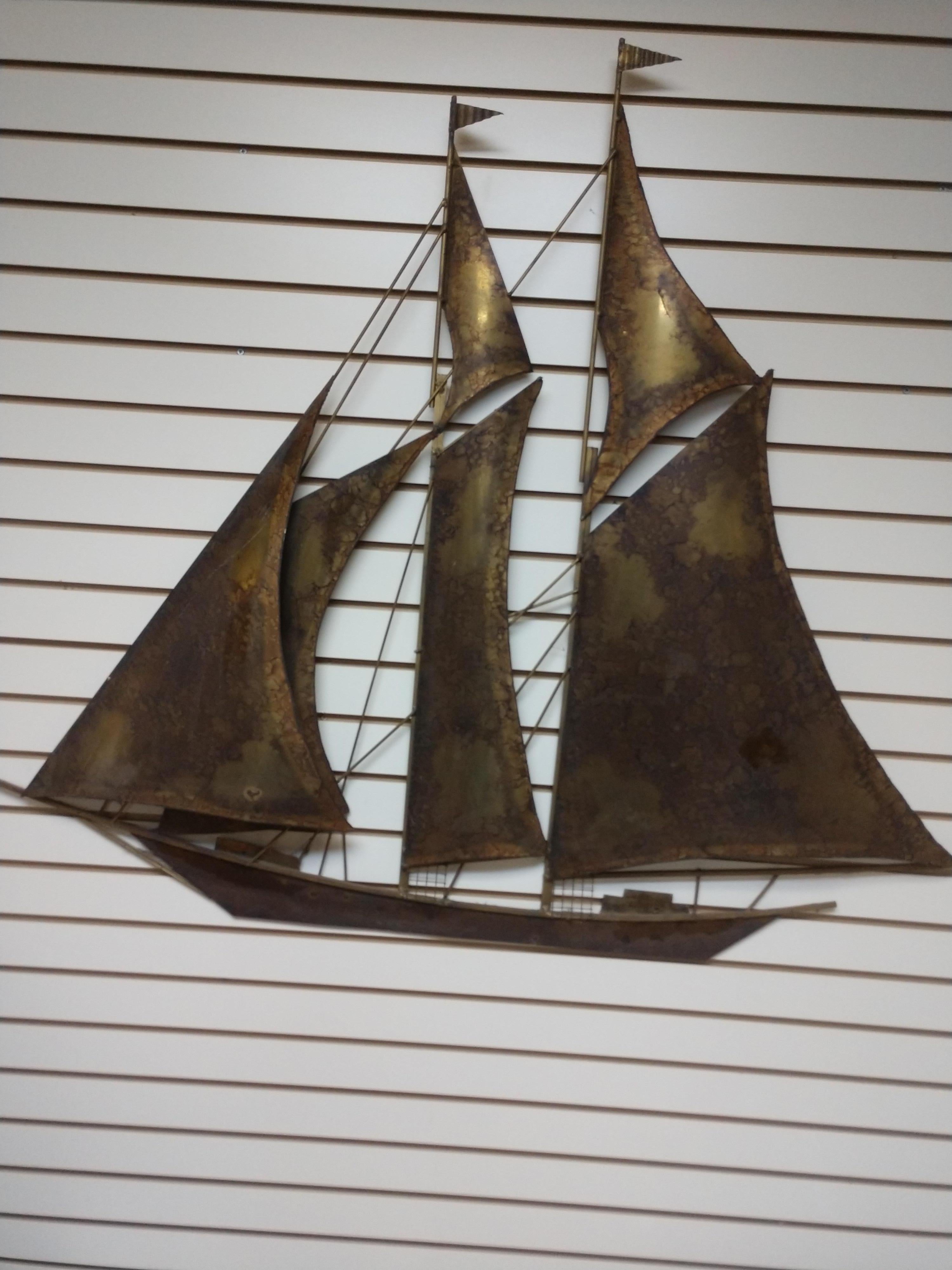 Mid-20th Century Mid-Century Modern Large Brass Brutalist Tall Ship Style of Curtis Jere For Sale